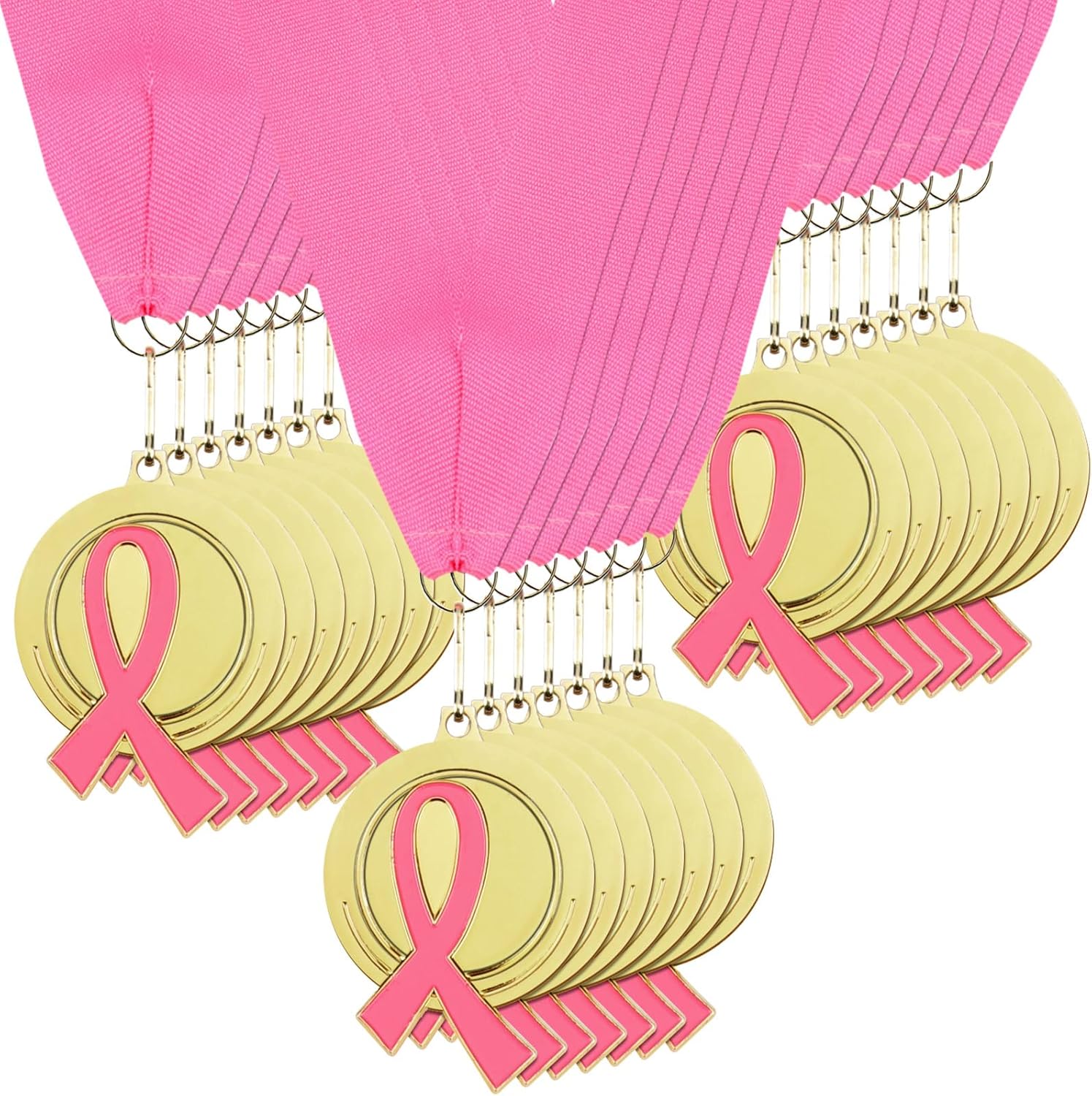 24 Pcs Breast Cancer Awareness Medal Award 2'' Pink Ribbon Running Trophy Award Necklace Breast Cancer Awareness Accessories for Women Charity Event Survivor Campaign Welfare Party Supplies