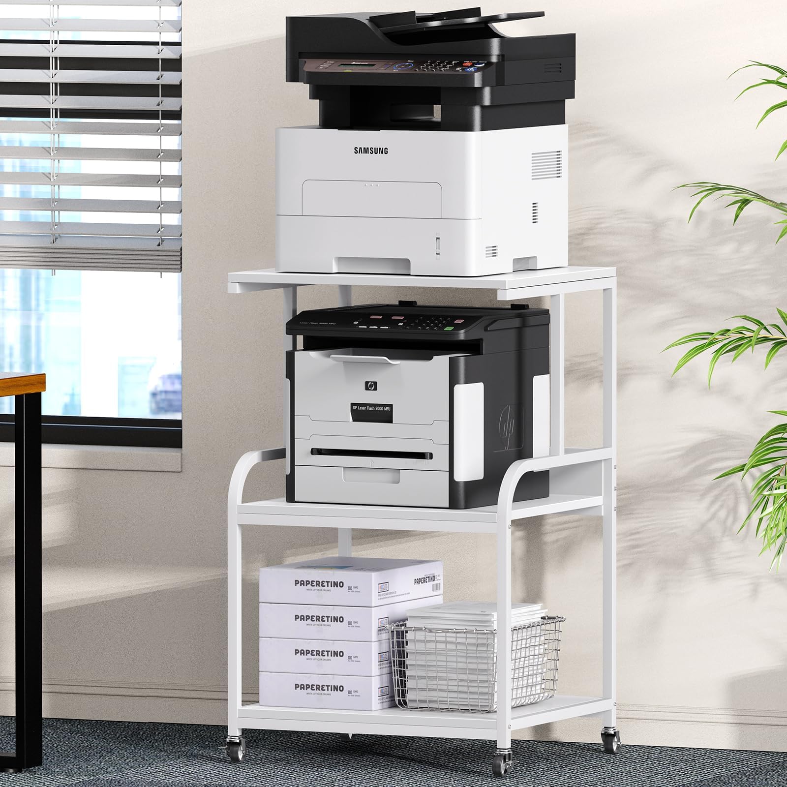 EasyCom Printer Stand- Large 3 Tier Printer Table with Wheels- Industrial Printer Storage Cart- Rolling Printer Cart with Storage Shelf for Printer Scanner Fax Home Office Use- White