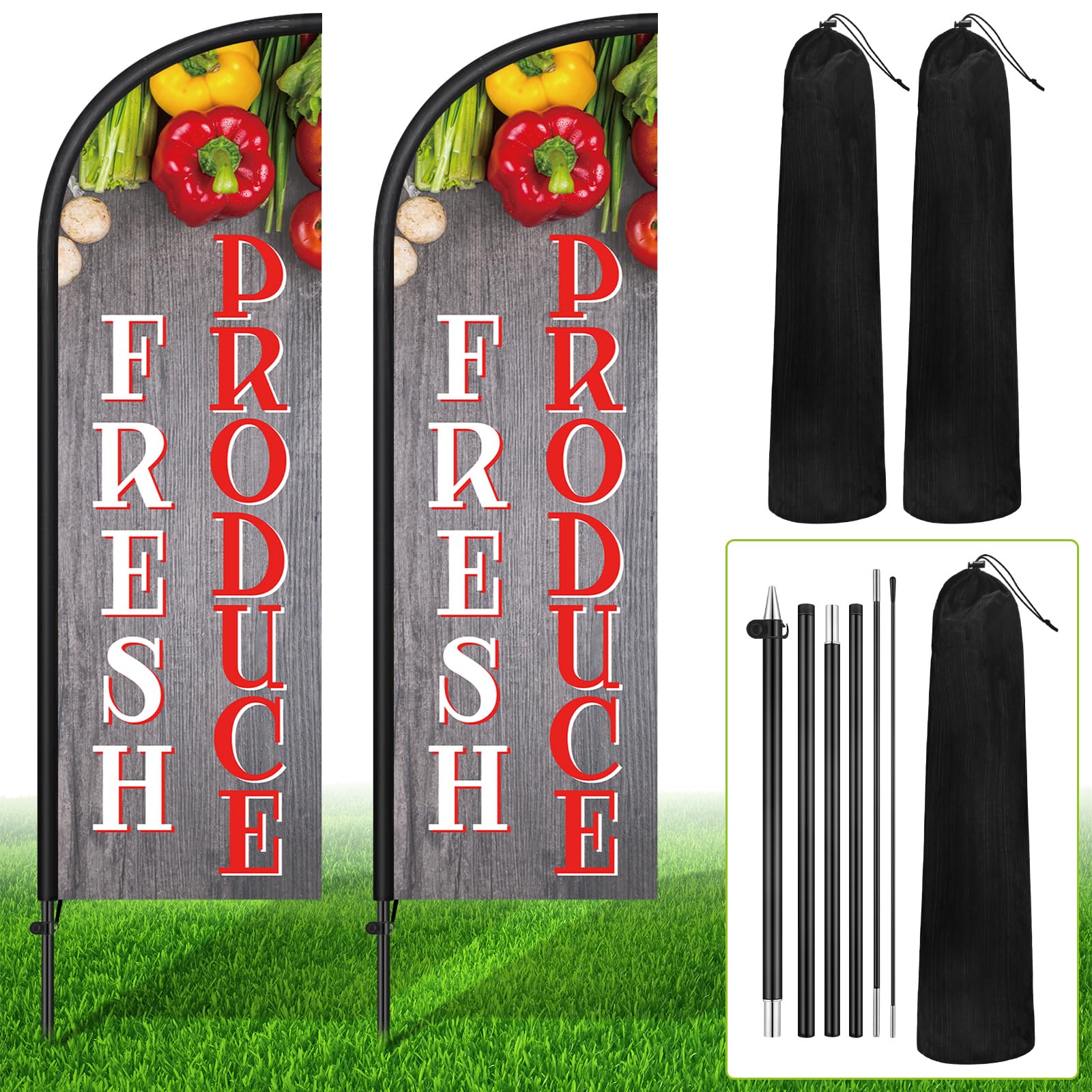 Wonderjune 2 Sets 7 ft Fresh Produce Feather Flag with Flagpole and Ground Stake, Fresh Produce Advertising Feather Banner Flag Sign for Farm Fruit