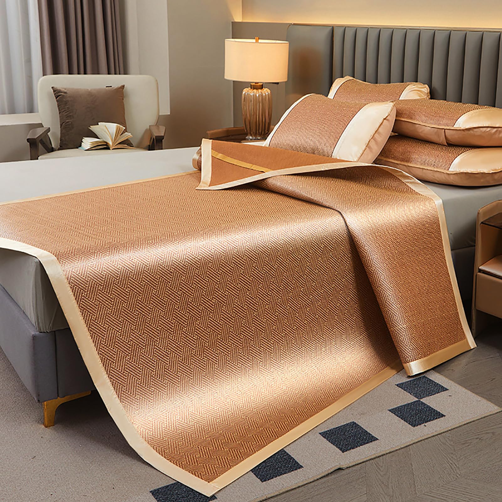Bamboo Summer Sleeping Mat, Ice Rattan Cooling Pad, Multiple Sizes With Pillowcase(E,90 * 195cm)
