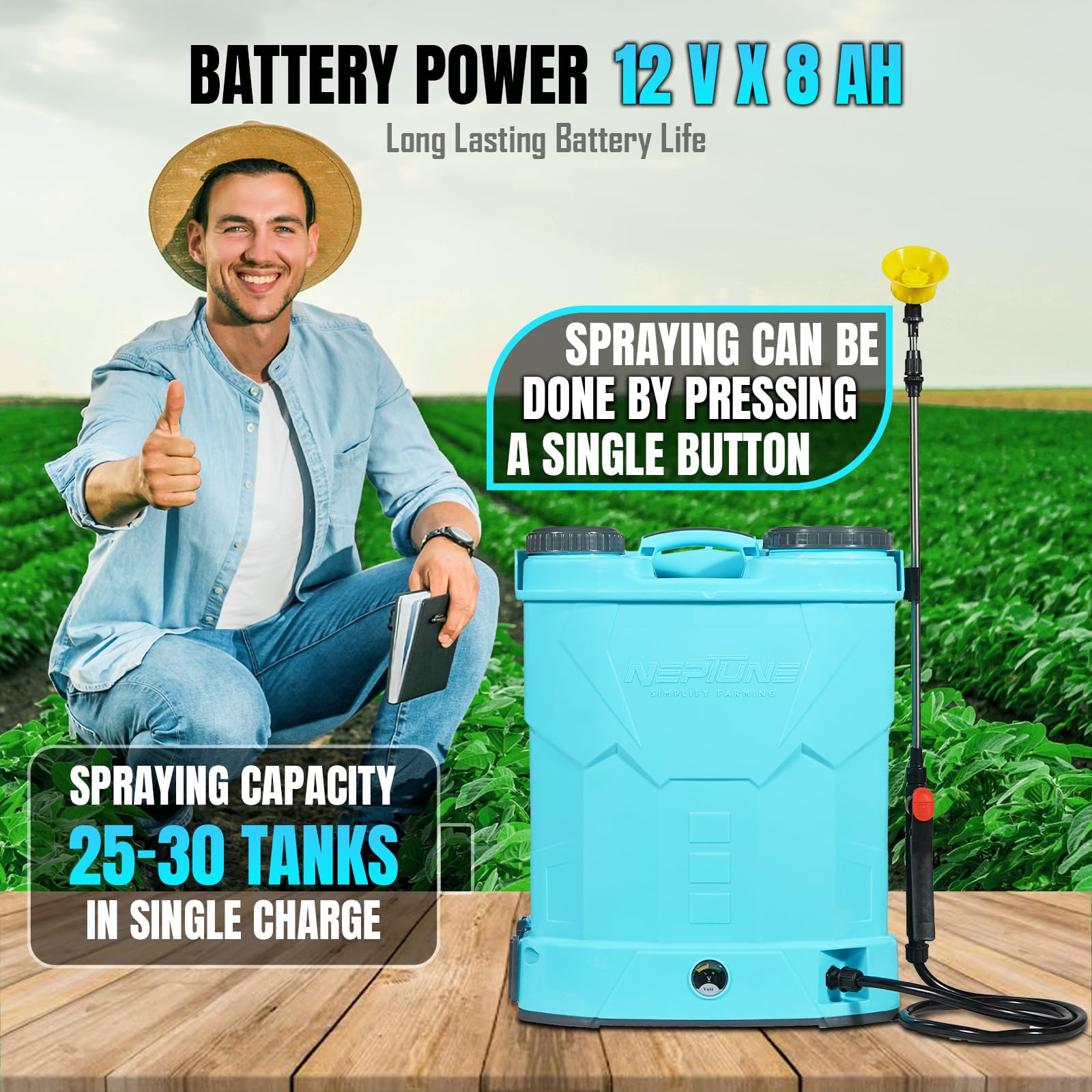 Neptune Simplify Farming Knapsack Battery Sprayer 12V x 8Amp | Telescopic Stainless Steel Lance | 20L Tank Capacity | Get 4 Nozzles | Ideal for Agriculture & Garden Spraying - Image 5 thumbnail