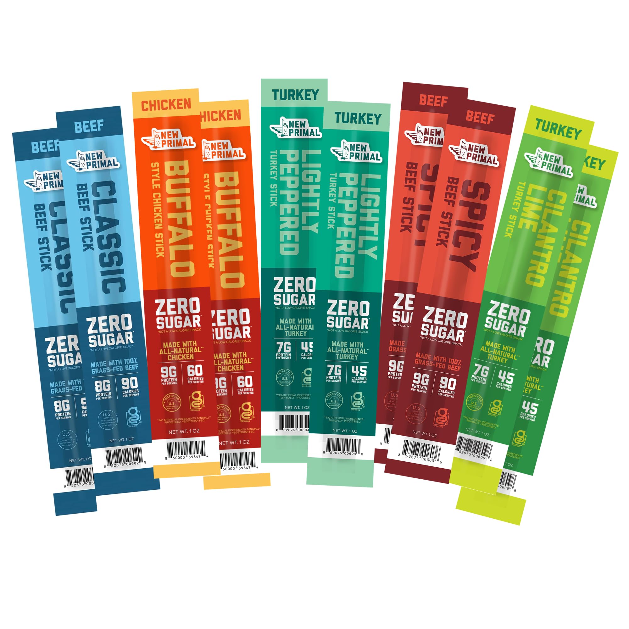 New Primal Meat Sticks Sampler, Grass-Fed Beef, All Natural Chicken and Turkey, Keto & Gluten Free Healthy Snacks for Adults, Sugar Free Low Carb High Protein Snack, Variety Pack, 10 Count