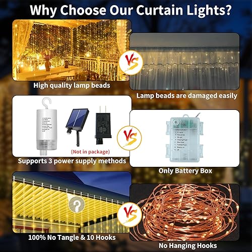 Miniatura 3 de Luces de cortina mejoradas de 300 LED a pilas para exteriores, impermeables, 10 x 10 pies, luces de cascada colgantes parpadeantes con control