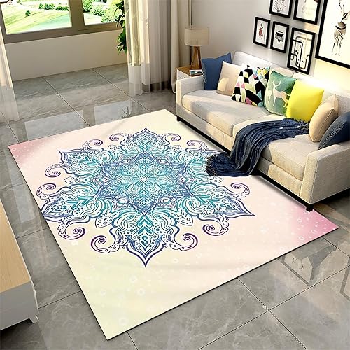 Alfombras de área con mandala, 3 x 5 pies, alfombras bohemias de lujo, color rosa, azul y cian, para sala de estar, interior y exterior, dormitorio,