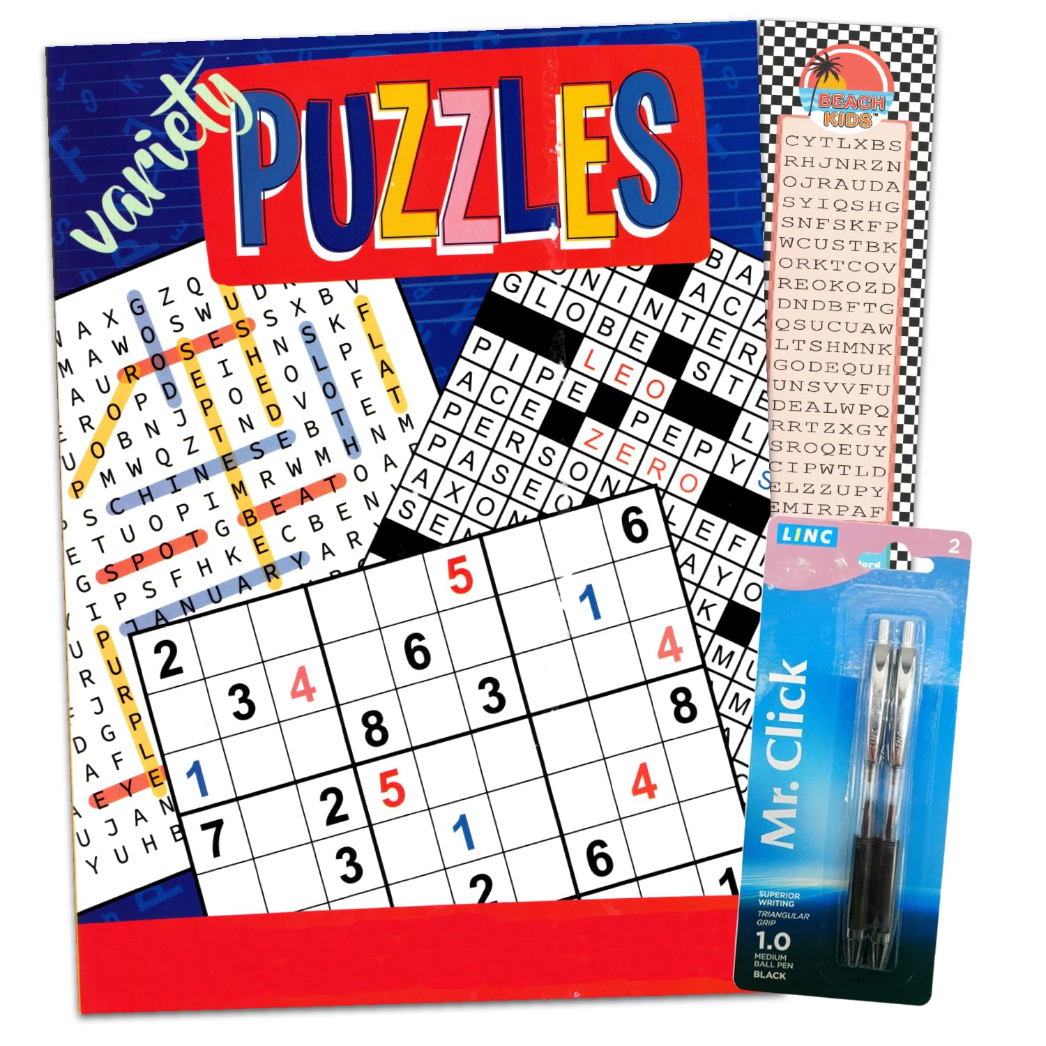 Variety Puzzle Book Set - Bundle of 300+ Puzzle Games: Crossword, Sudoku, and Word Find Plus Pens and Bookmark | Brain Teasers for Adults and Seniors