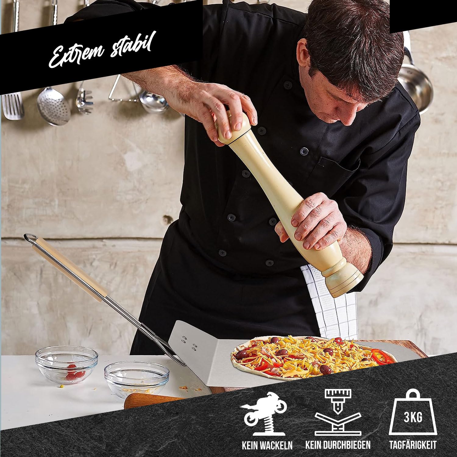 Profi Pizzaschaufel XXL, Aluminium Pizzaschieber Pizzaheber Brotback-Schieber platzsparendes Premium Modell Holz-Griff, eckiger Brotschieber Must-Have Zubehör für Pizzabäcker (Klappbarer Griff)