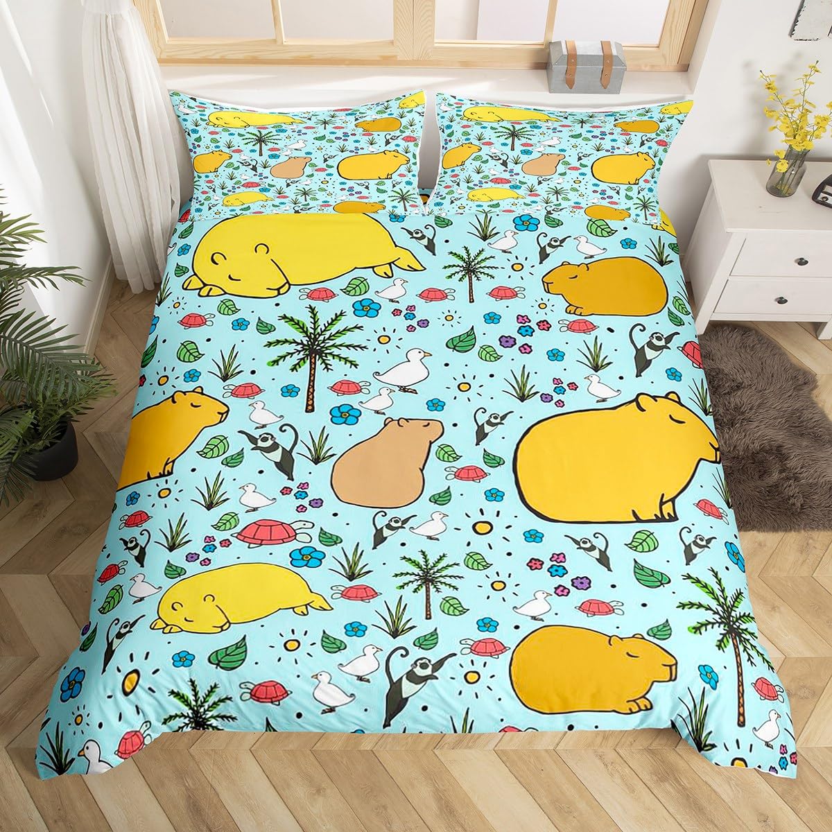 Homemissing Floral Capybaras Duvet Cover Cartoon Capybara Bedding Set Funny Cute Capybara Comforter Cover Kawaii Decor Capybara Bedspread Cover With 2 Pillow Case Double