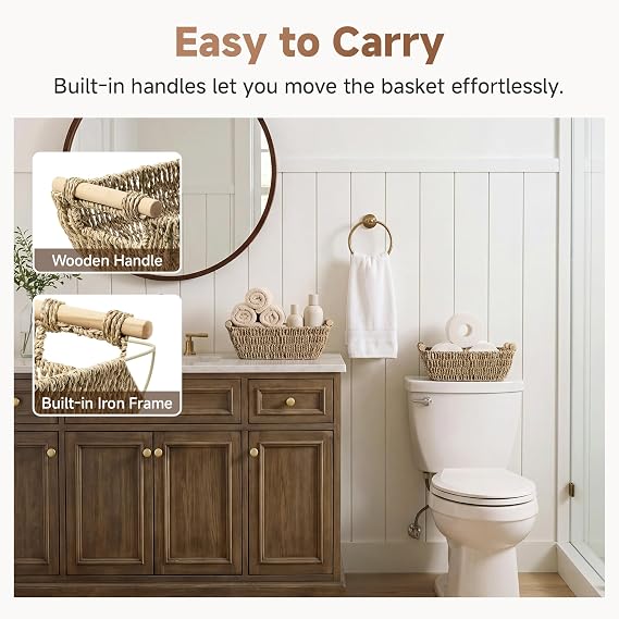 StorageWorks Wicker Storage Baskets for Shelves, Seagrass Shelf Storage Basket, Woven Box Organiser with Wooden Handles, Small Narrow Baskets for Shelves for Organising, Natural Seagrass, 2-Pack