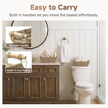 StorageWorks Wicker Storage Baskets for Shelves, Seagrass Shelf Storage Basket, Woven Box Organiser with Wooden Handles, Small Narrow Baskets for Shelves for Organising, Natural Seagrass, 2-Pack