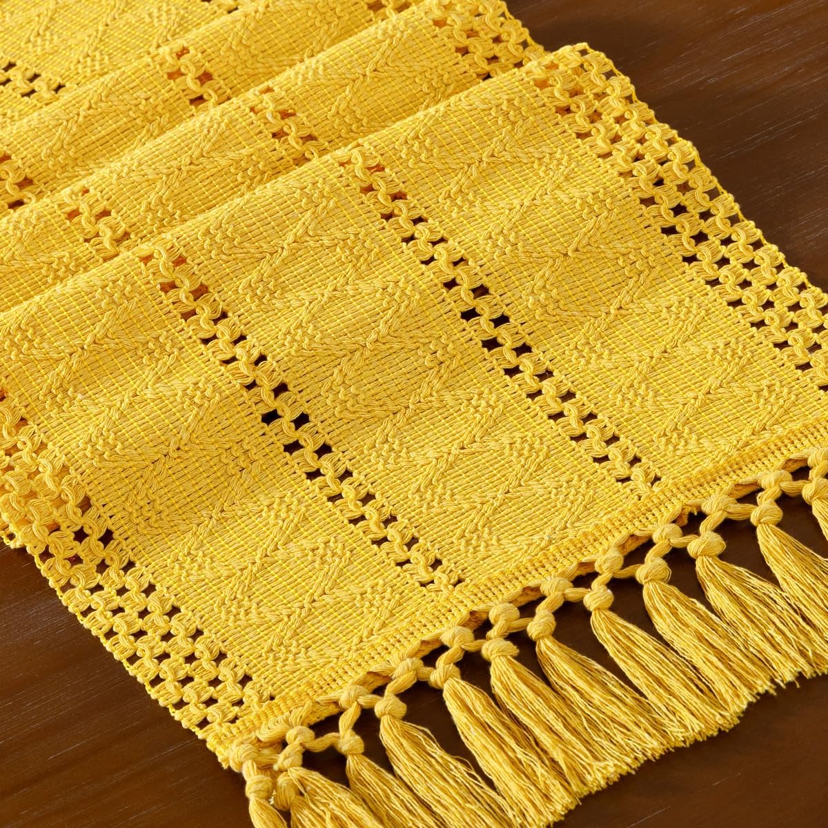 DeZerlor Boho Macrame Table Runner Spring Easter Farmhouse Woven Small Table Runner with Tassels 36 Inches Gold Yellow Cotton Linen Kitchen Table Decor for Dining Dresser Home Tea Table Decor