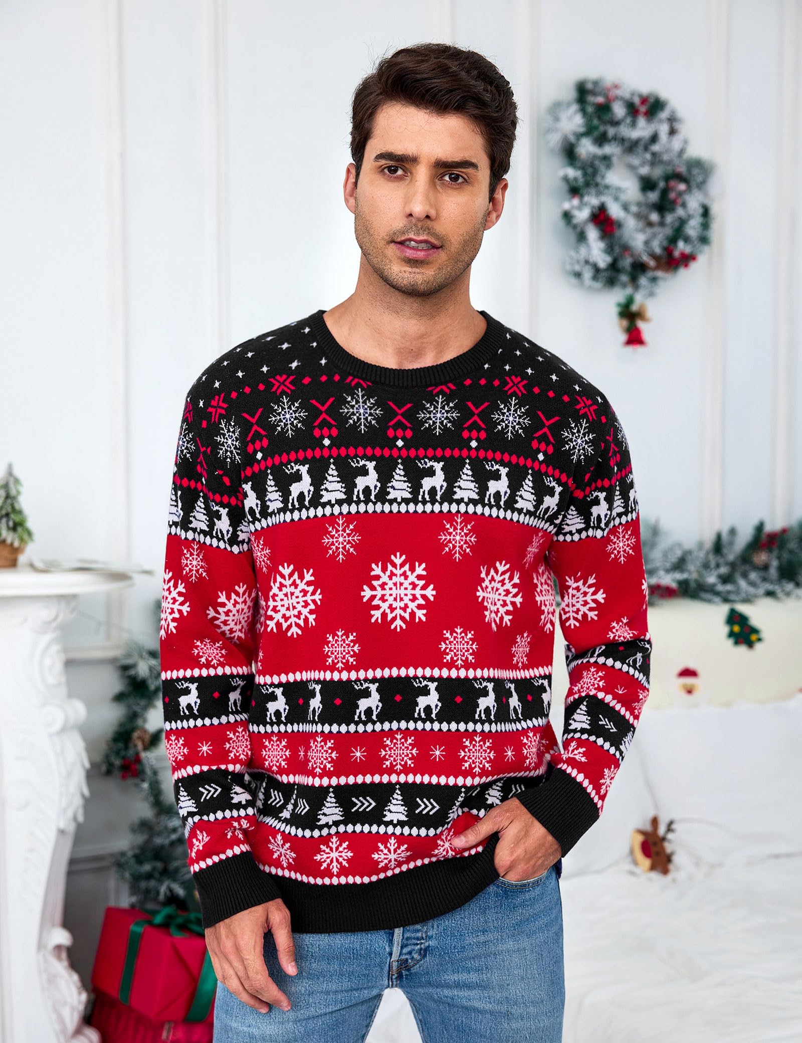 Aottori Pull de Noël Femme Homme Renne Imprimé Col Rond Maille Tricotée