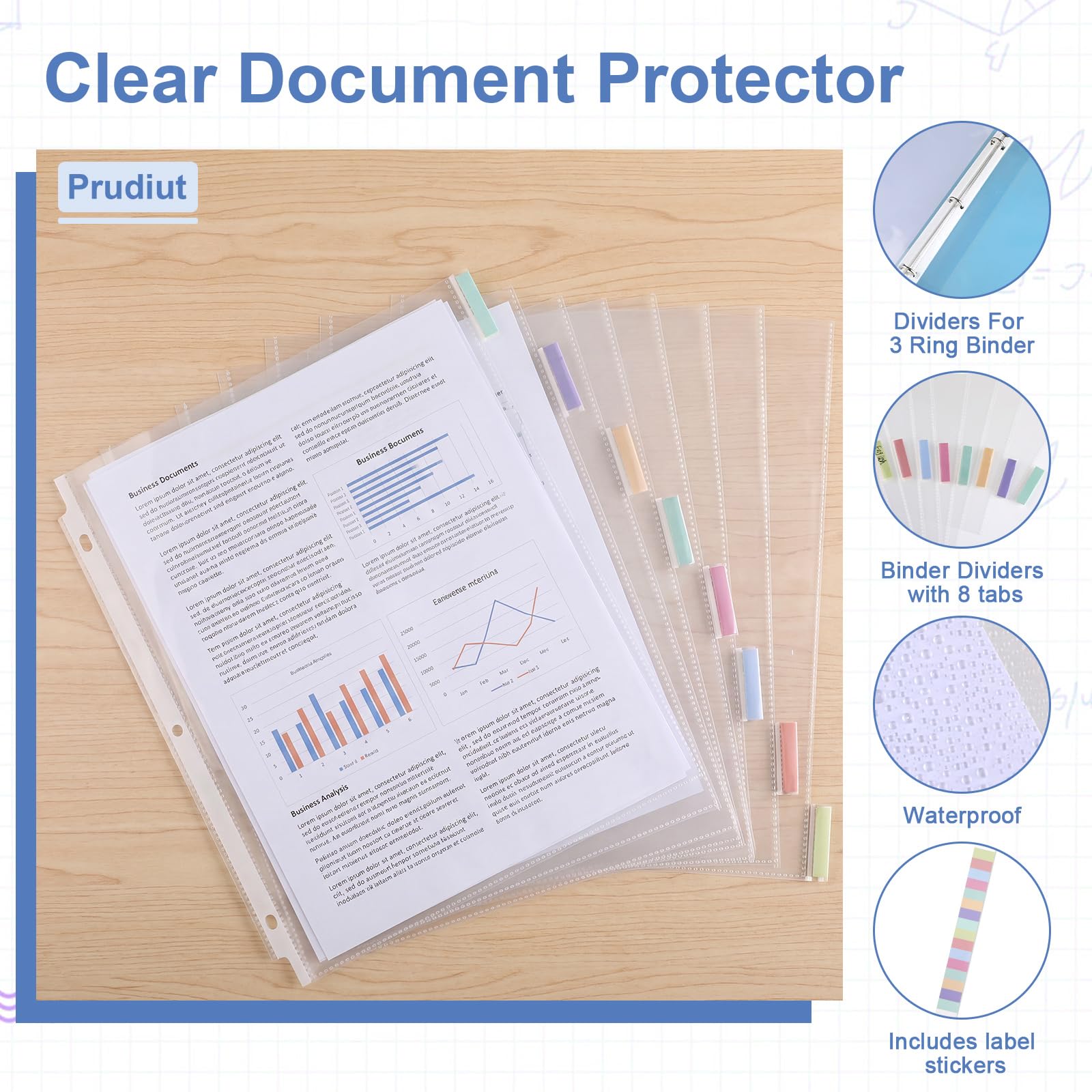 Prudiut Transparente Schutzfolien für 3-Ringordner, 21,6 x 27,9 cm, Kunststoff-Binderhüllen mit 8 Registerkarten und farbigen Index-Etiketten, wasserdichte Seitenschutzfolien für Büro, Schule, 80