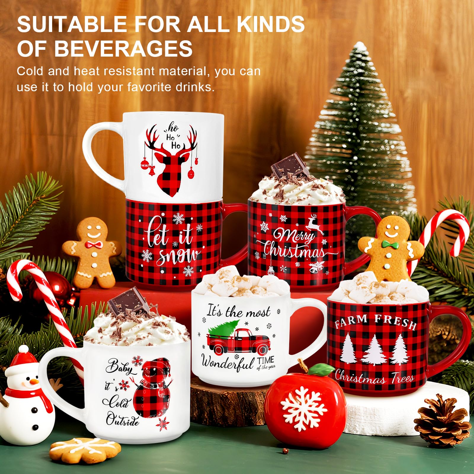 QIKSION Ceramiczny kubek bożonarodzeniowy zestaw 6 sztuk, 470 ml, czerwony czarny krata świąteczny kubek do kawy, można układać w stos, jako prezenty świąteczne dla rodziny, przyjaciół i kolegów