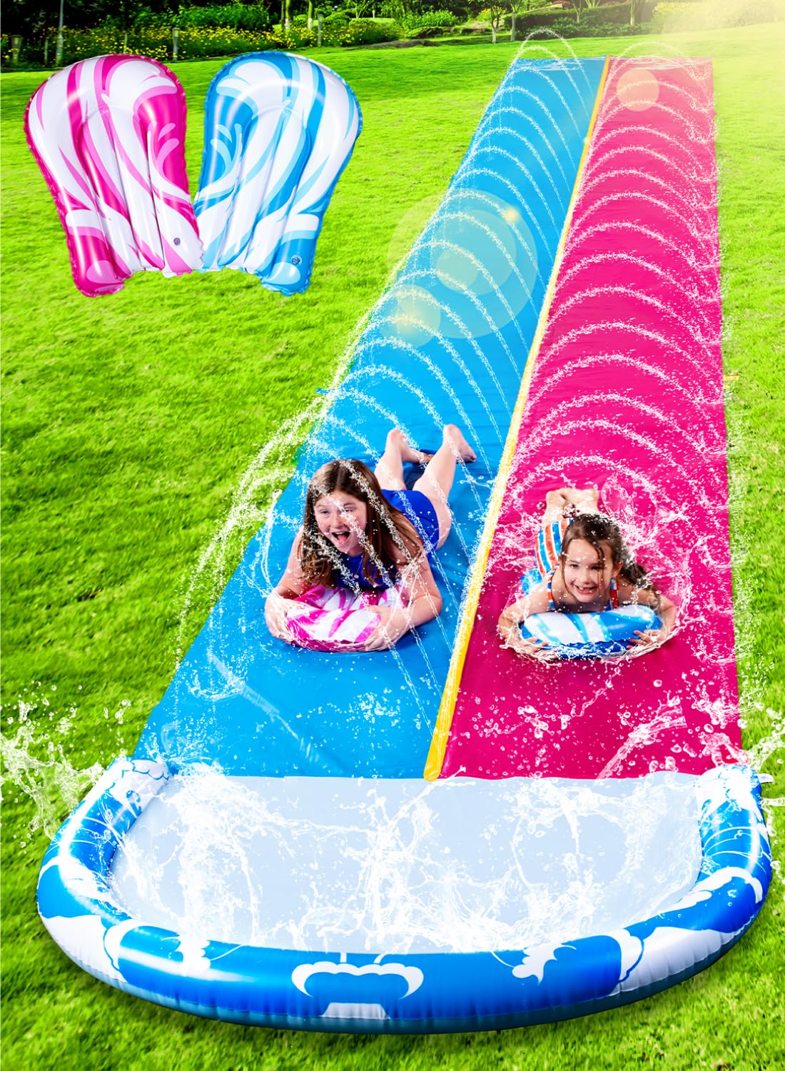 JOYIN 22.5ft/685.8cm Water Slides and 2 Bodyboards, Lawn Water Slide Summer Slip Waterslides for Garden Toy with Build in Sprinkler for Backyard Outdoor Fun for Kids, Blue,Pink
