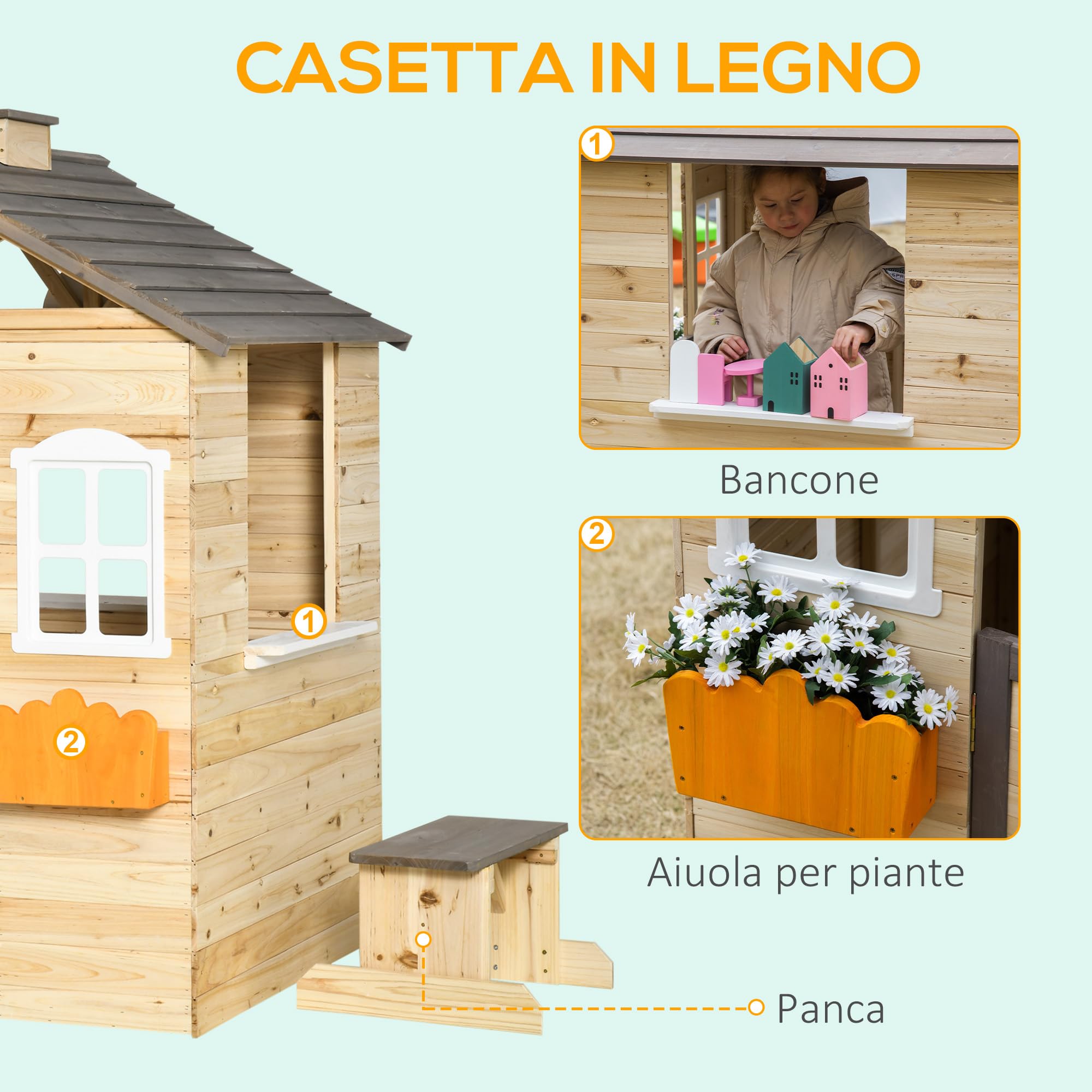 Outsunny Casetta Bimbi 3-7 Anni a 2 Finestre con Portavasi, Panchina e Stazione di Servizio, Casetta per Bambini in Legno di Abete e PP con Tetto Inclinabile, 113x94x134.5 cm