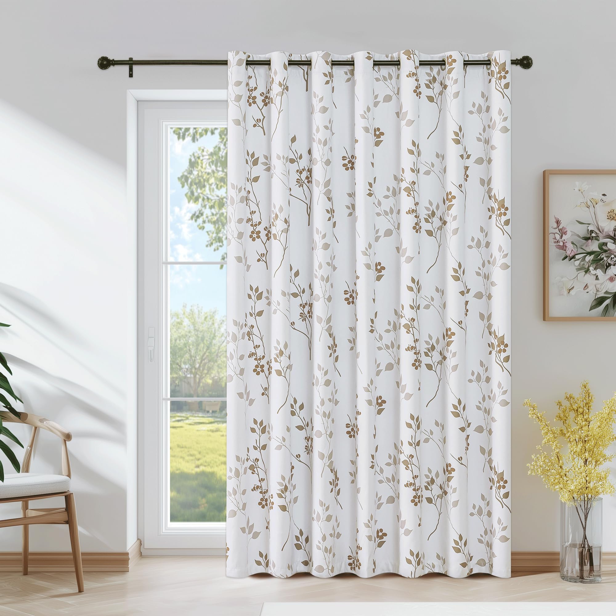Beauoop Floral 100% Blackout Sliding Door Curtains Tan Brown 100x84 1 Set