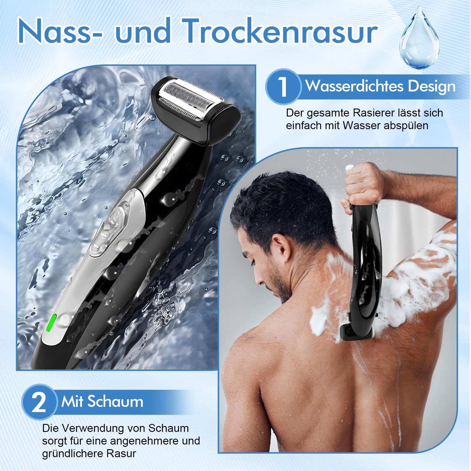 Rasoio per capelli da uomo con portata extra ampia, manico rimovibile e tecnologia Power Burst per rasatura bagnata e secca