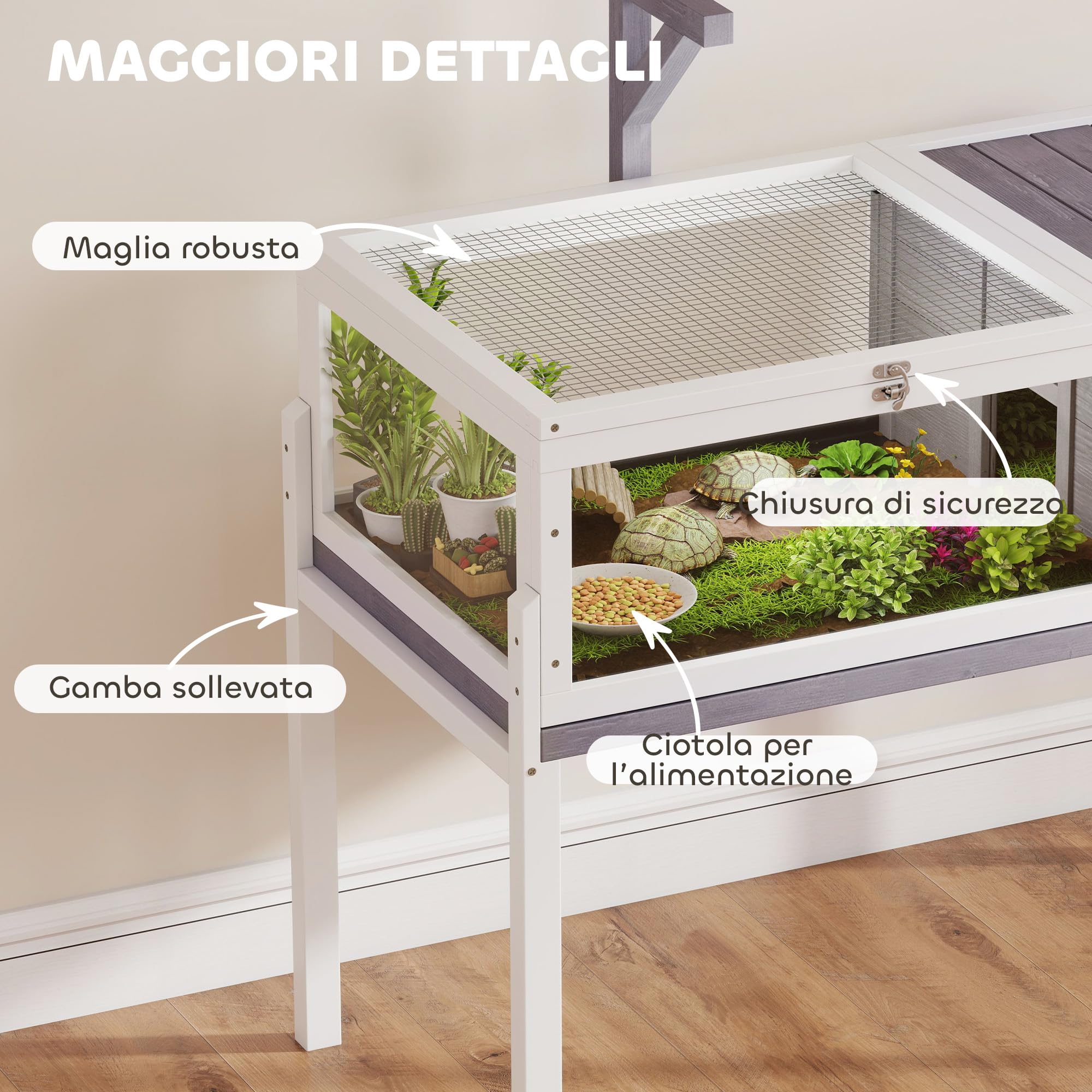 PawHut Casetta Tartarughe Rialzata Divisorio 104x53x82 cm Grigio e Bianco | Vassoio Estraibile, 2 Coperchi, Tartarughiera in Legno di Abete e PS