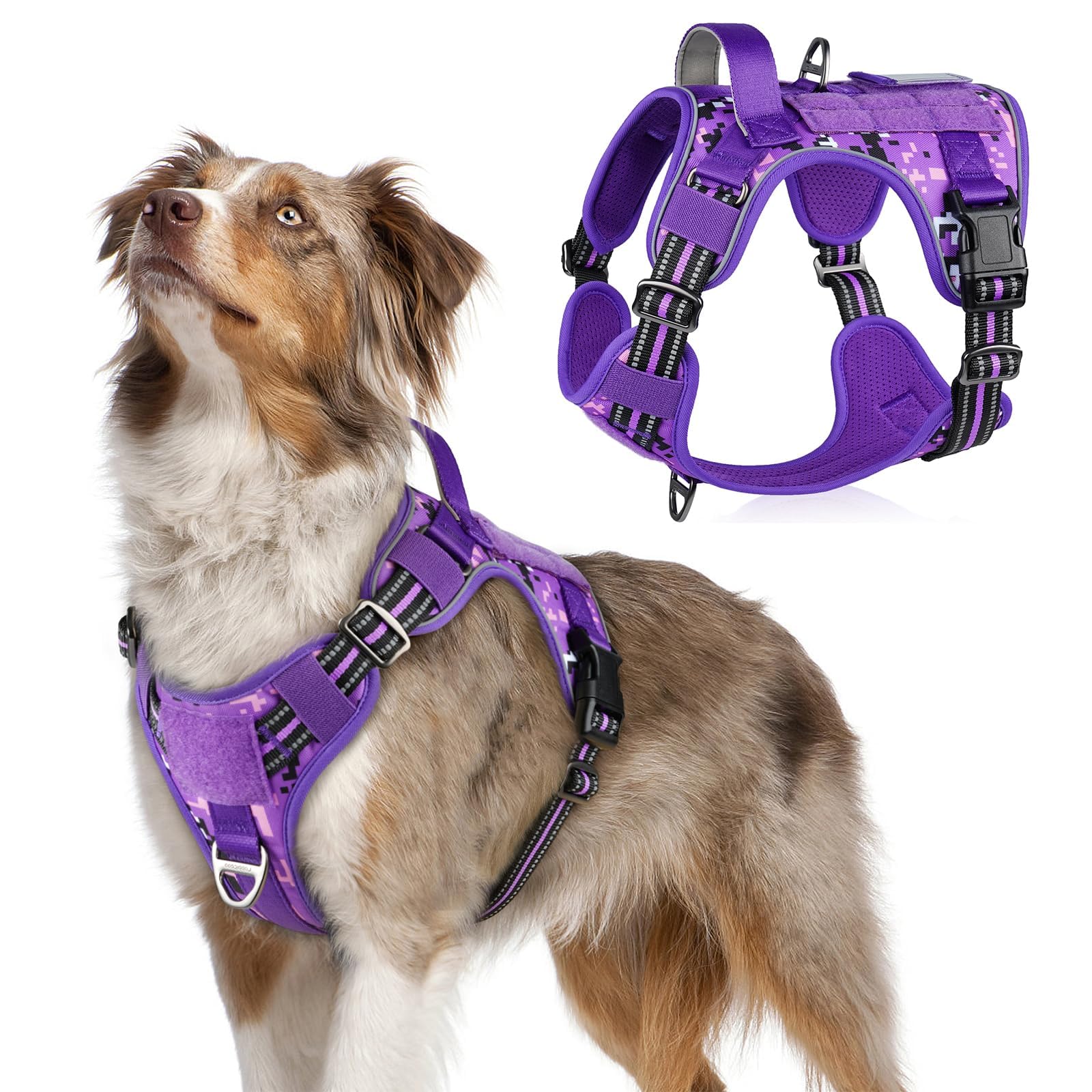 rabbitgoo Dog Harness Large Dog No Pull, Tactical Adjustable Pet Harness with Molle Panel, Breathable Military Vest, Reflective Walking Vest with Easy Control Handle for Training Walking Purple Camo M — image 1