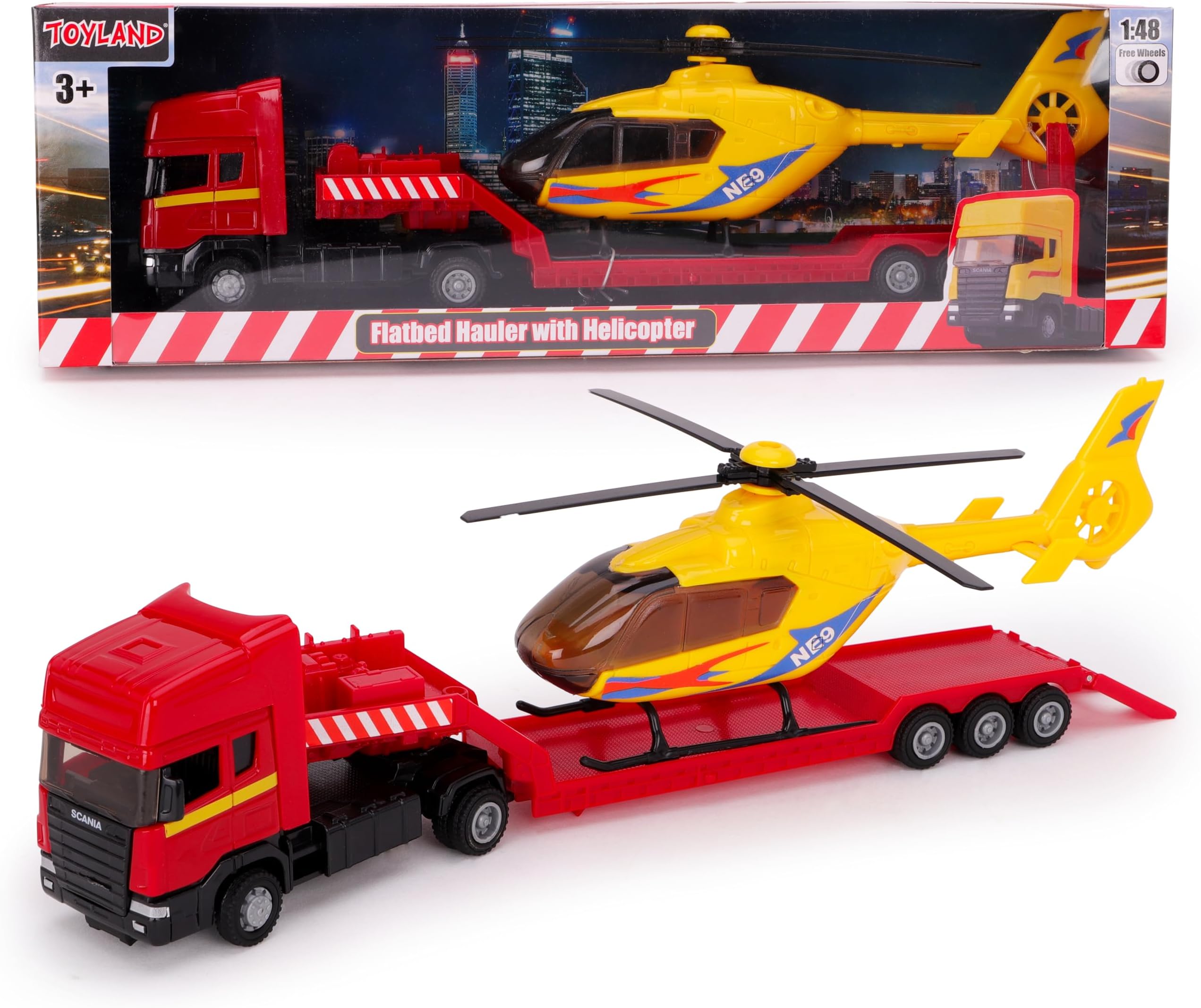 Toyland® 31cm (12”) Scania Flatbed Hauler With Helicopter & Detachable Trailer - 1:48 Scale Model Vehicle - Die-Cast Collectable Transport Toys (Red & Yellow)