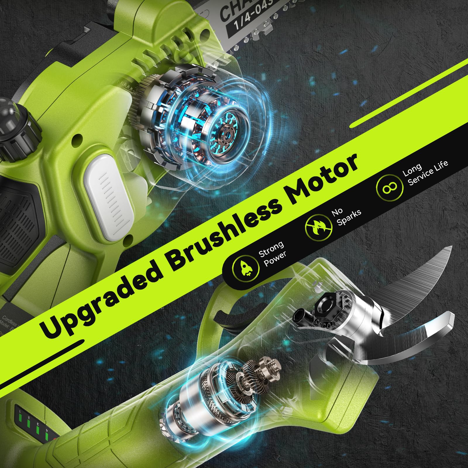 Supstable Mini Motosierra Telescopica 6 Pulgadas & Tijeras de Podar Eléctricas 33mm, 4 en 1 Kit de Herramientas con 8000 mAh Baterías, Alcance hasta 4,8 m, Tensión y Cambio de Cadena sin Herramientas
