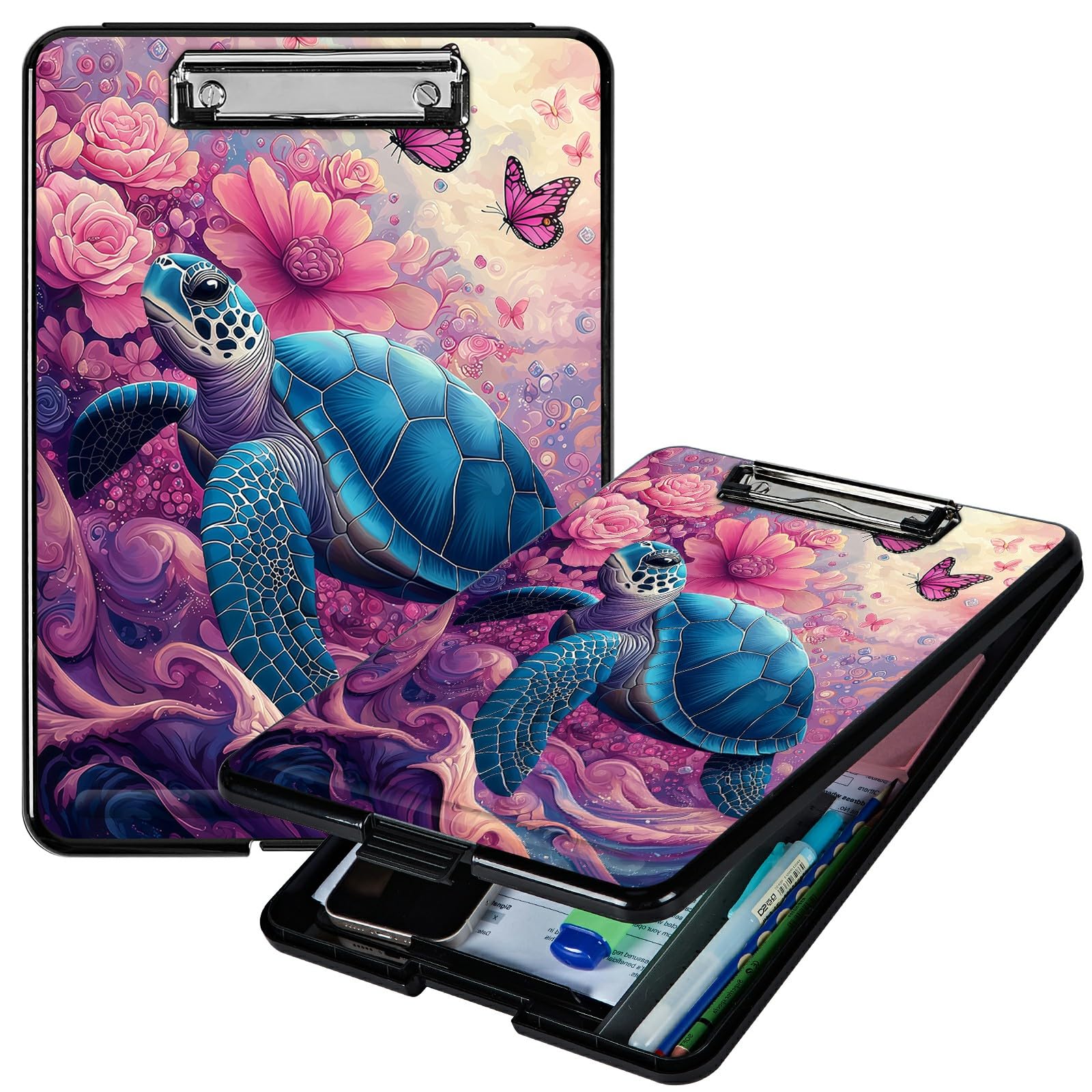 RWUTYTIUL Heavy Duty Storage Clipboard, Slim Nursing Clipboard with Internal Pen Case, Portable File Organizer Case for A4 Letter Size Paper Office Medical Professionals, Pink Flower Turtle