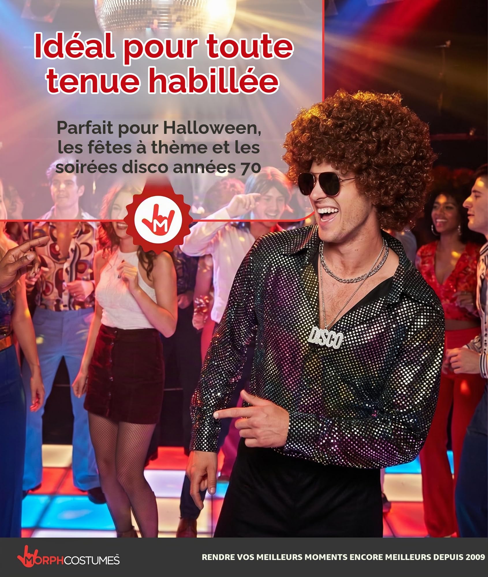 Morph Chemise Homme Disco, Paillettes, Déguisement Années 80, Costume Carnaval Homme