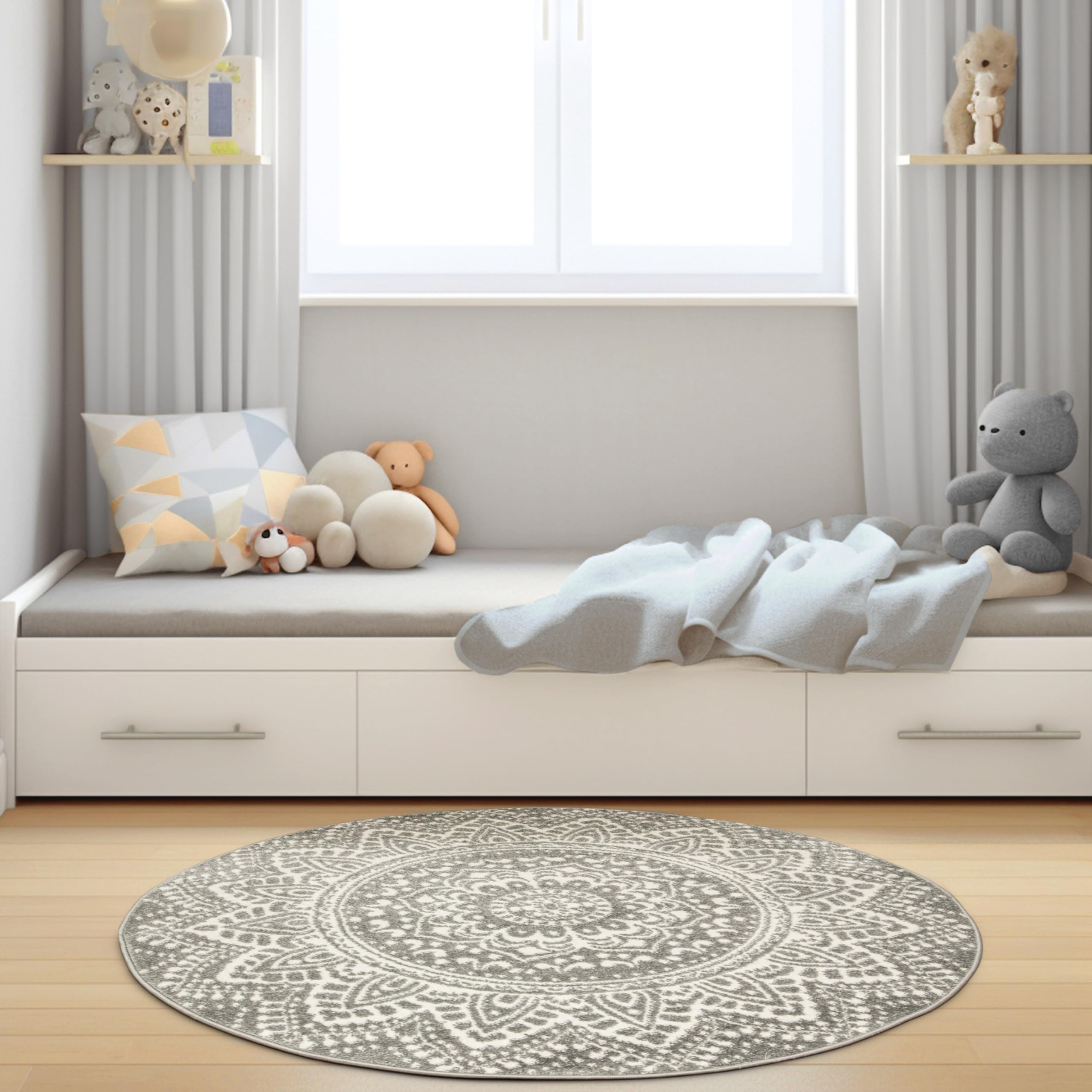 Teppich Runder Muster Mandala Boho 140cm Weiß Grau, moderne Teppiche Wohnzimmer kurzflor, Teppiche Area Gegend, Tepich Schlafzimmer,Bedroom Rug
