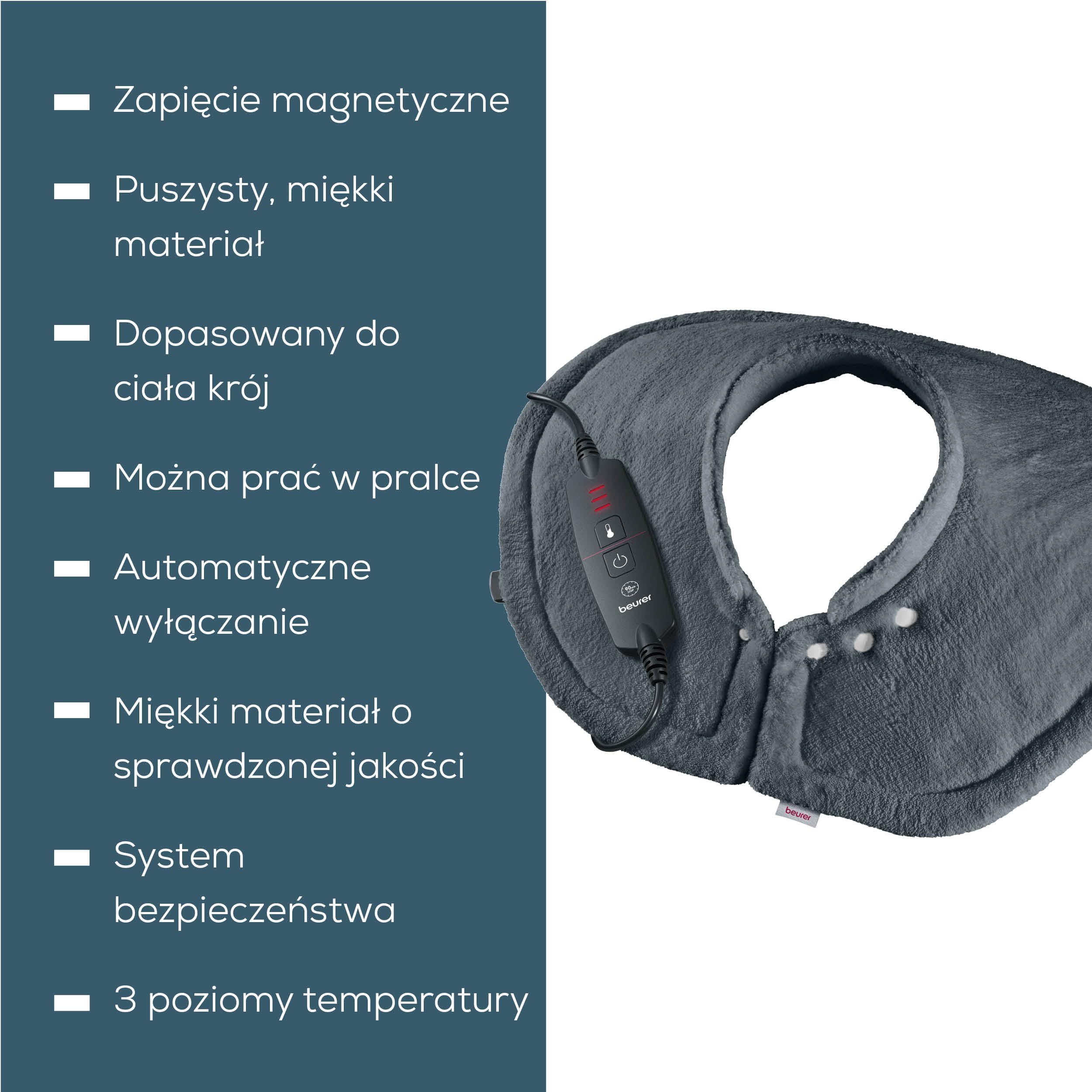 Beurer HK 66 Cosy Poduszka elektryczna na ramiona i kark, dopasowana do kształtu ciała poduszka elektryczna z zamknięciem magnetycznym, 3 ustawienia temperatury z automatycznym wyłączaniem