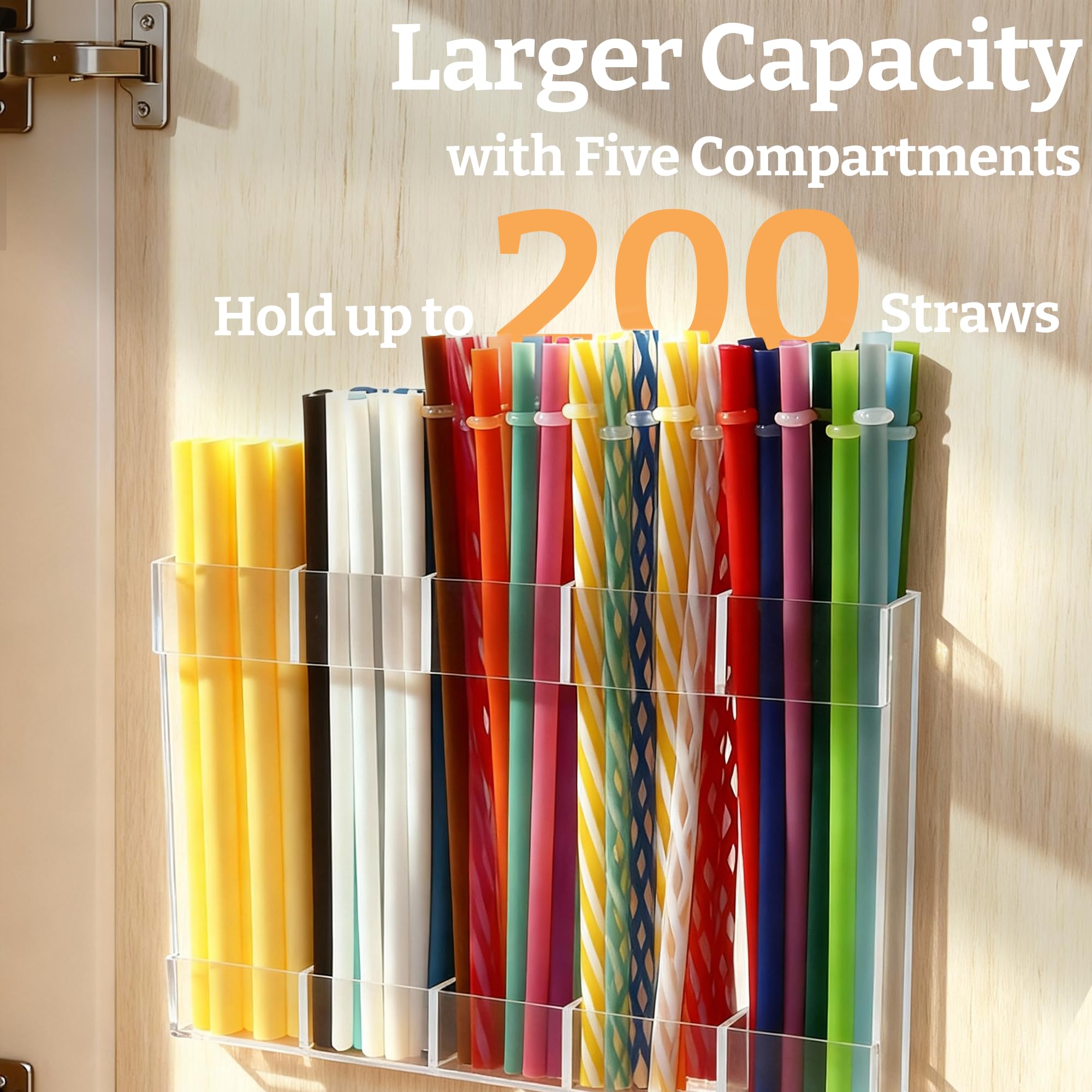 9.5â Large Acrylic Straw Holder for Cabinet Door with Detachable Ultra Sticky Adhesive Squares and Stickers, 2026 Reusable Straws Organizer Storage Dispenser for Kitchen Counter Cupboard: Transparent 1