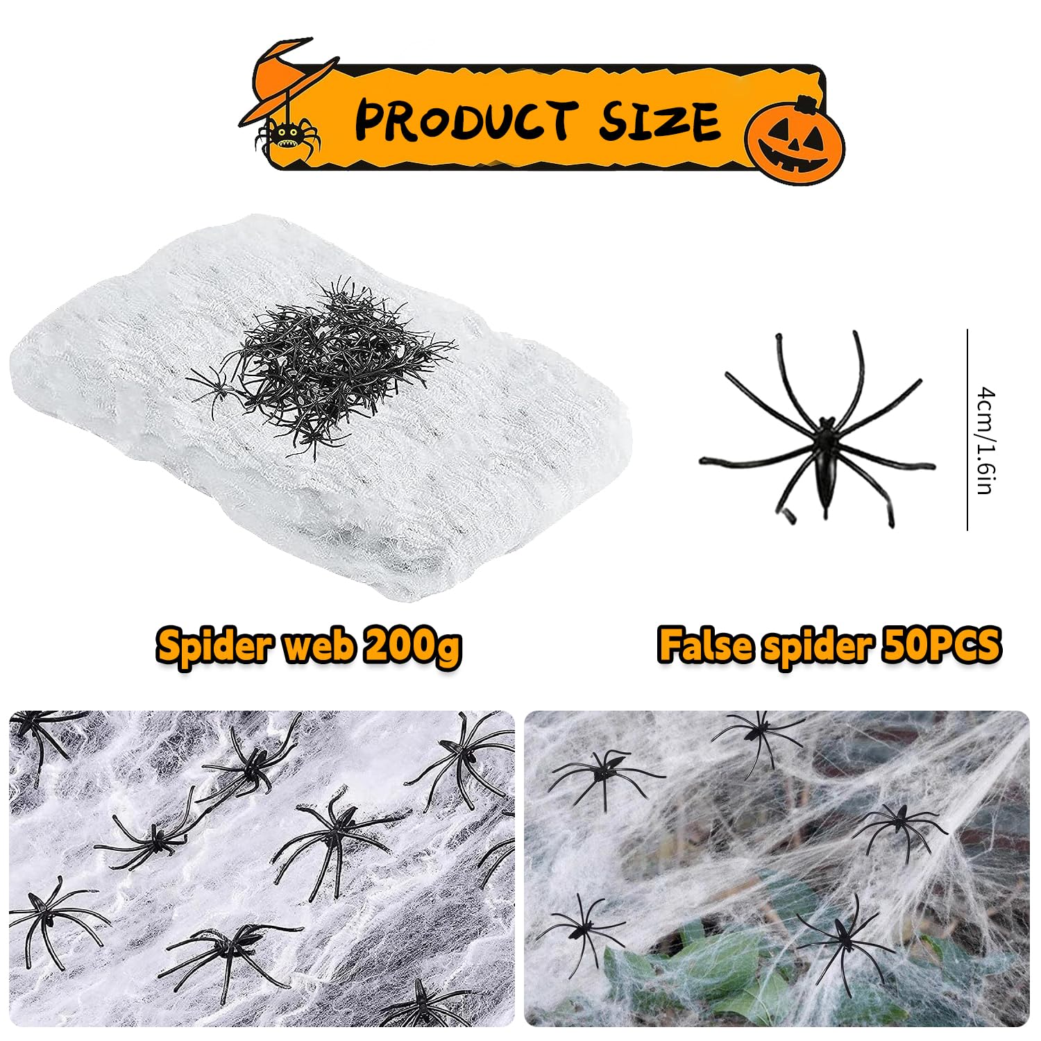 JAADU Halloweenowa pajęczyna 200g rozciągliwe pajęczyny i 50 sztucznych pająków, dekoracja na Halloween, dekoracja do nawiedzonego domu, straszna scena, upiorna atmosfera na Twoją imprezę