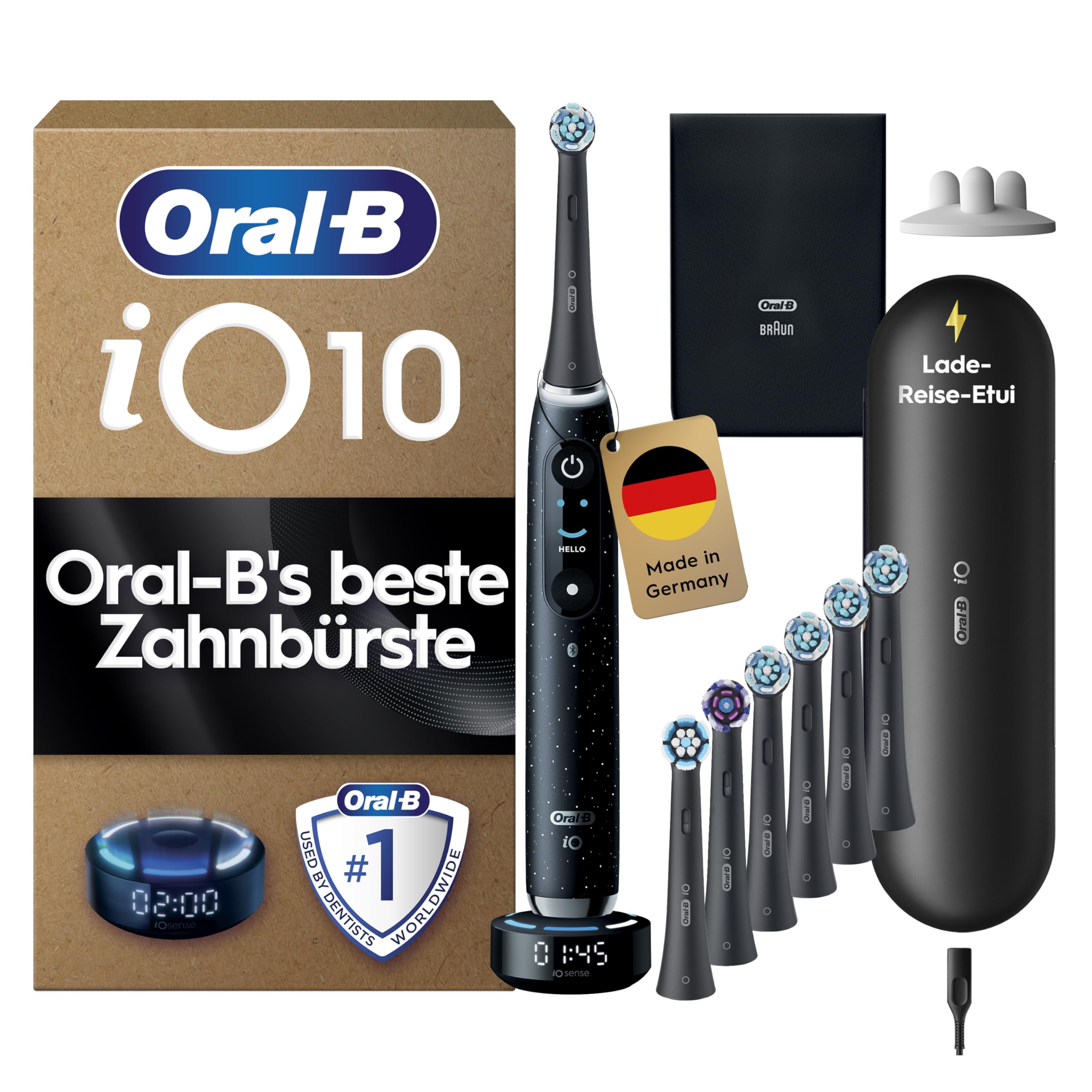 Oral-B iO Series 10 Elektrische Zahnbürste Schwarz PLUS Ausgewählte Original Oral-B iO Aufsteckbürsten Schwarz 7x