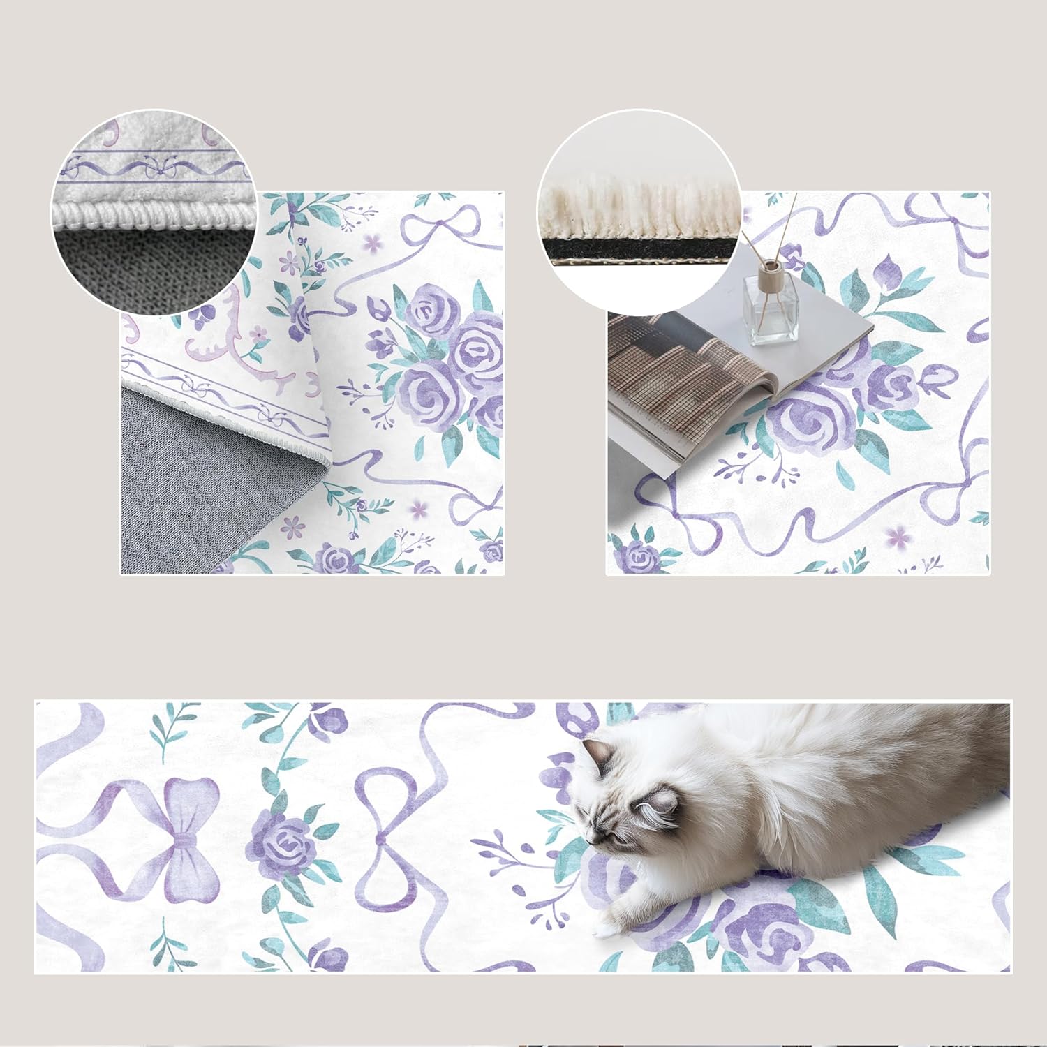 CCoutueChen Purple Bow Floral Area Rug 3x5 Girls Washable Indoor Non-Slip French Country Rug Elementary School Classroom Light Purple Carpet for Nursery Playroom Daycare Bedroom Living Room