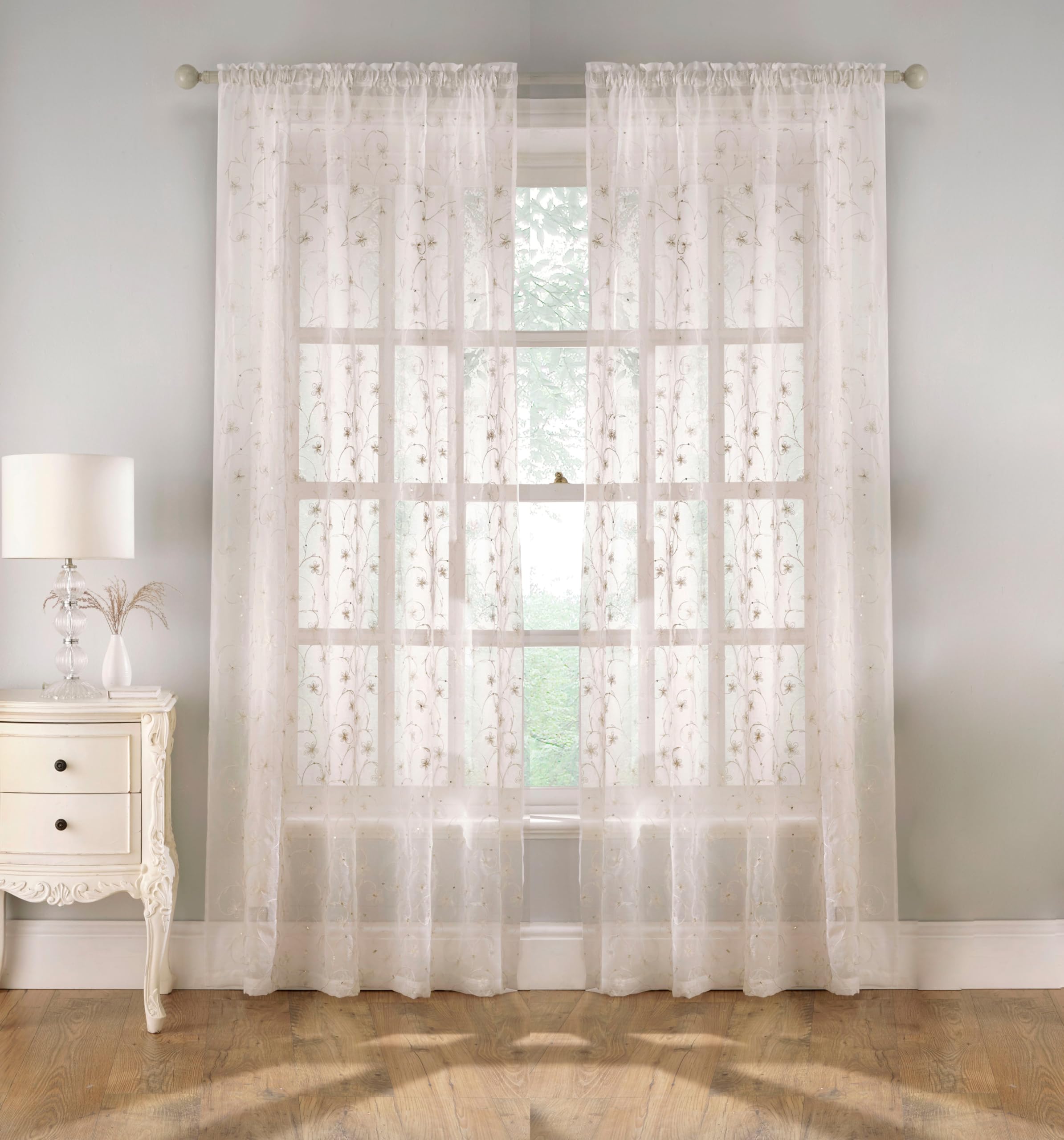 Embroidered Voile Panel - Floral Pattern - Linen-Look Fabric - Cream - 140cm W x 183cm D - Pair