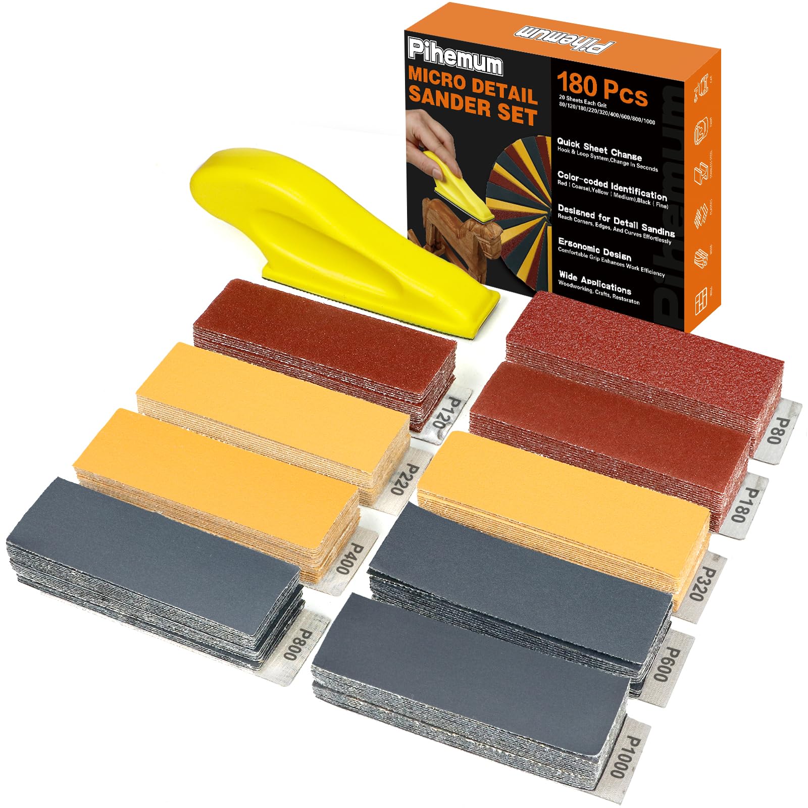 180 PCS Mini Detail Sanding Kit, 80-1000 Grit Sandpaper with Finger Sanding Blocks for Small Areas and Corners, Ideal for Woodworking, Furniture Repair, Crafts and DIY - 2