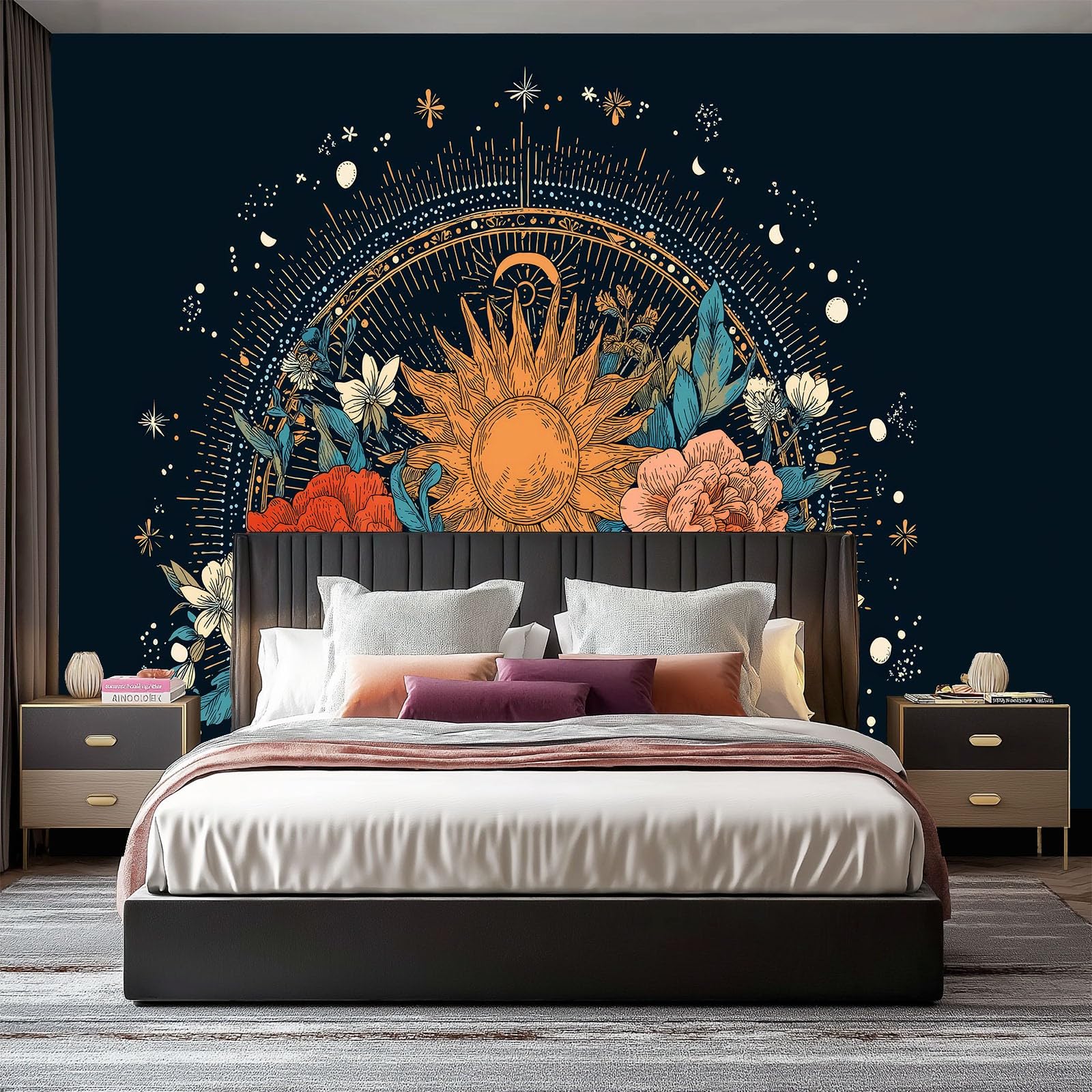 WTD - Carta da parati fotografica 400 x 280 cm (larghezza x altezza) corpo celeste arte sole fiori stelle effetto 3D di alta qualità XXL moderna decorazione da parete in tessuto non tessuto, per