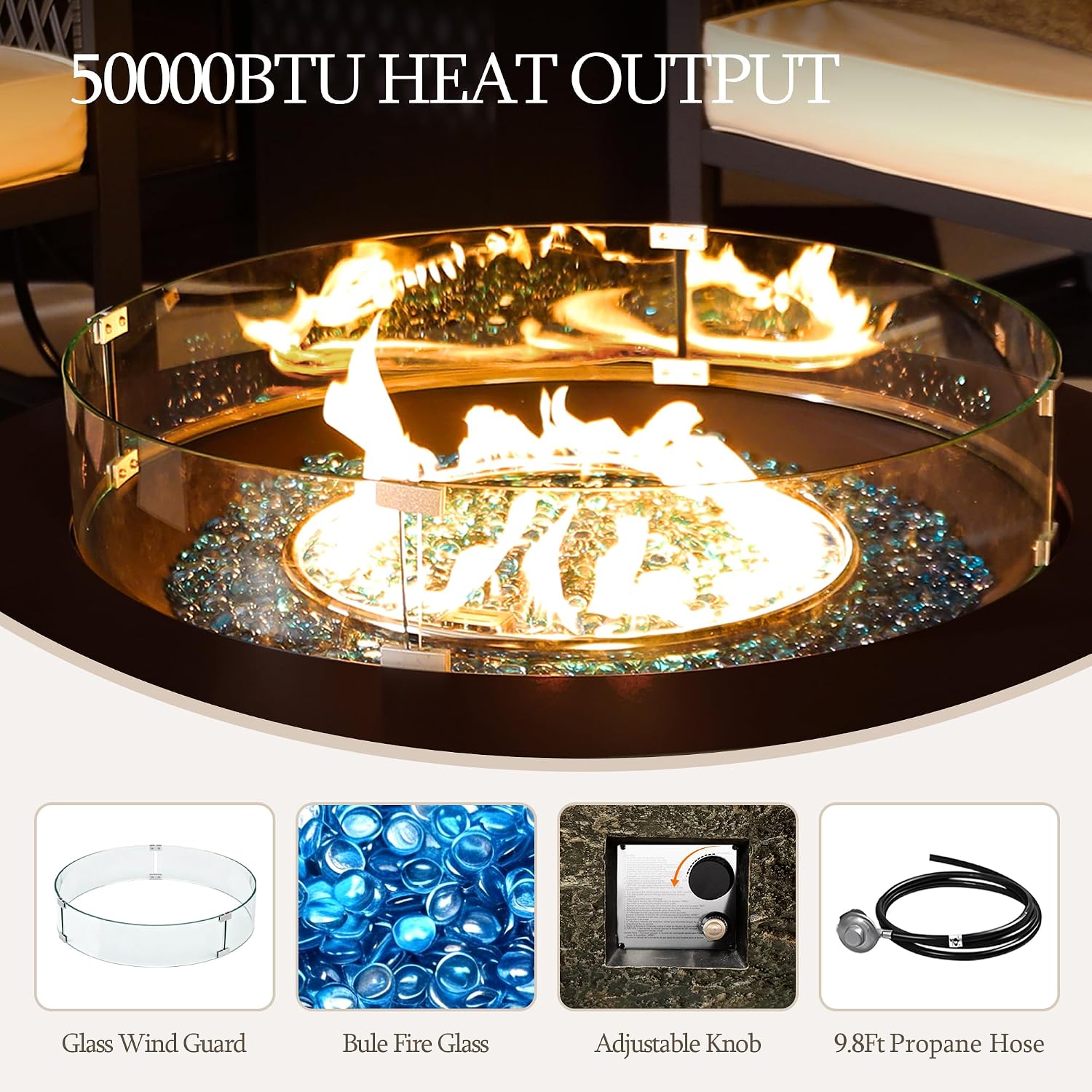 UPHA 42-inch Outdoor Propane Gas Fire Pit Table 50000 BTU Concrete Round FirePit for Outside Patio with Propane Tank Cover, Wind Guard, Blue Glass Rocks, Rain Cover, Bronze