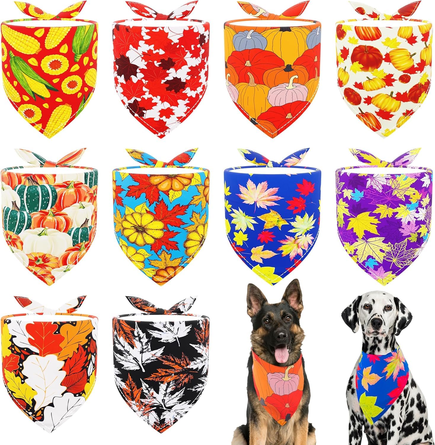 JpGdn 10PCS/Pack Fall Dog Bandanas for Large XL XXL Breed Kerchief Triangle Stitching Edge Pumpkin Harvest Leaves Forest Autumn Pattern for Boys and Girls Grooming Costume Accessories Polyester — image 1
