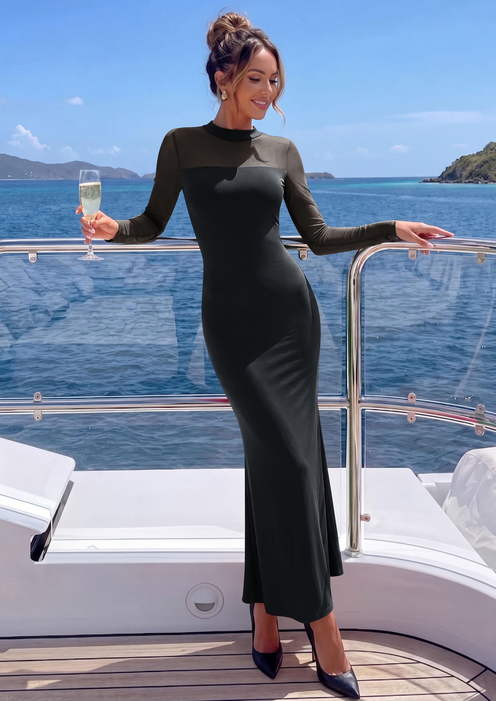 Women's Long Sleeve Formal Mesh Fall Wedding Guest Maxi Dress