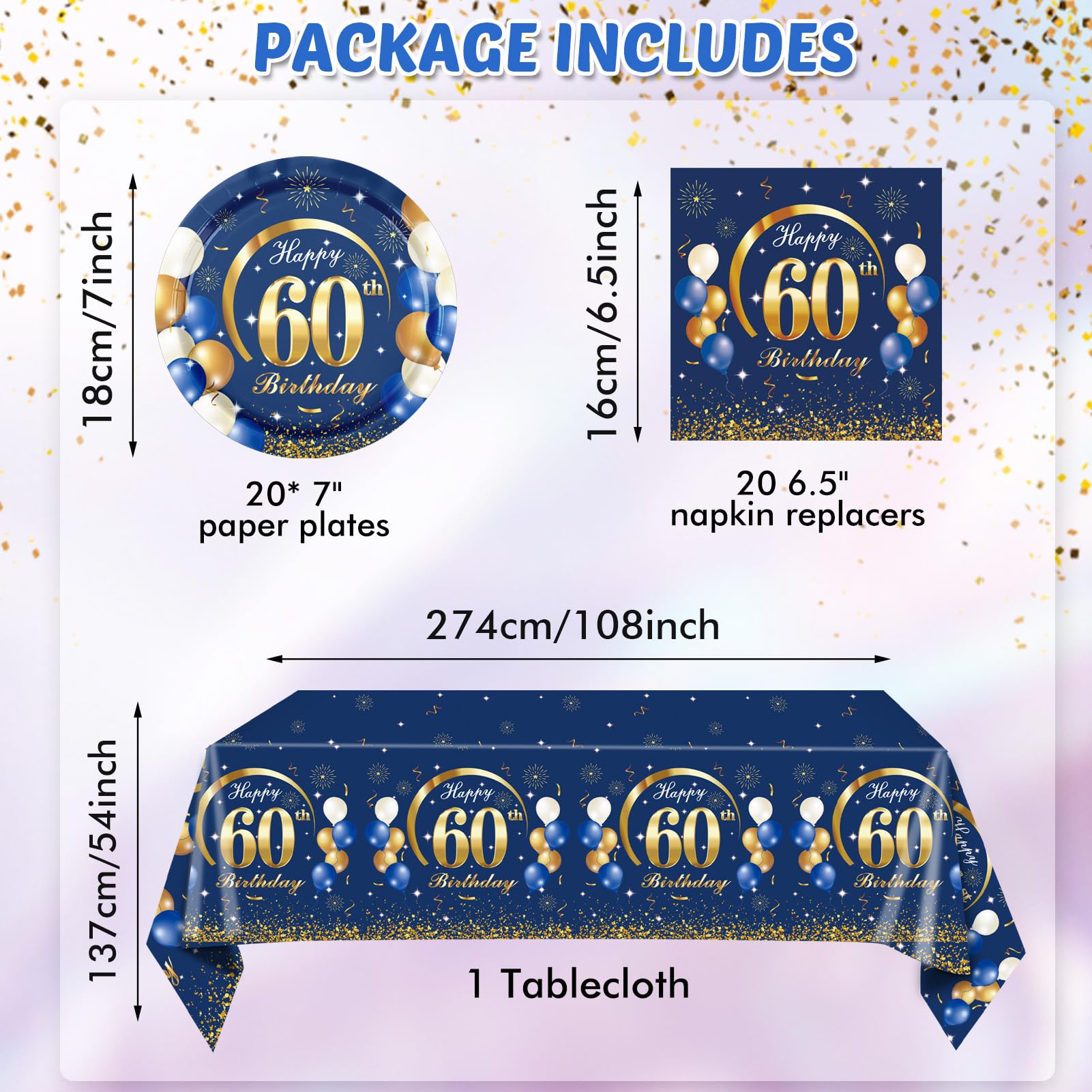 41PCS 60 Birthday Decorations for Men Navy Blue and Gold Sixty Year Old Birthday Supplies Plates Napkins Tablecloth Disposable Tableware Serve 20