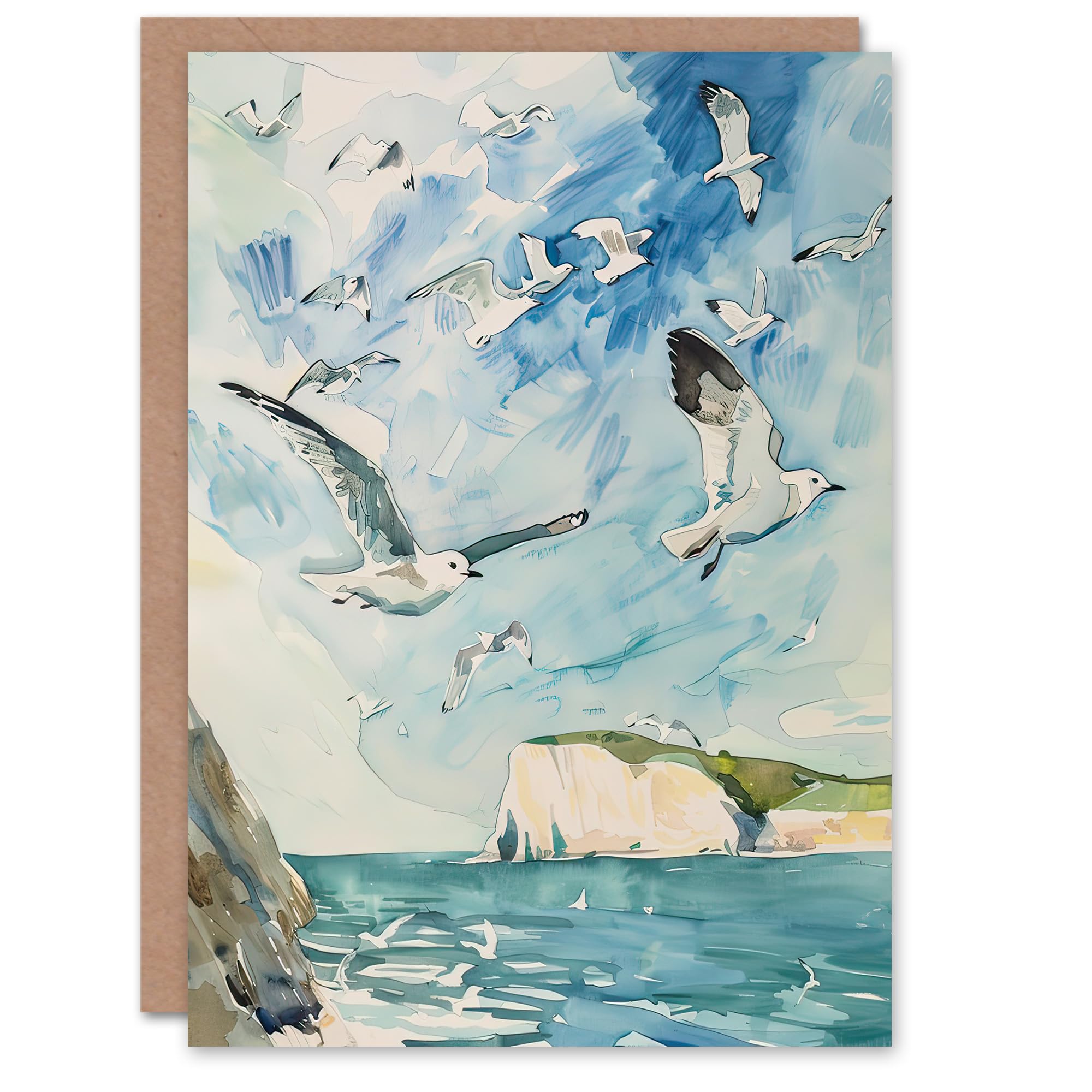 Artery8 Greeting Card Seagulls Over White Cliffs of Dover UK Coastline Blank For Him Or Her Art Birthday Card