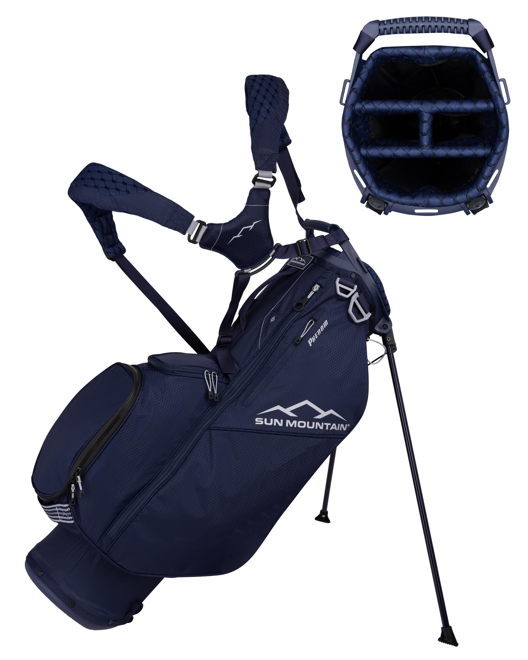 Sun Mountain 2025 Phenom Stand Bag - Durable Golf Bag with Six Pockets for Ample Storage - Features an Ergonomic EZ-Fit Dual Strap System and a Matching Rain Hood - Navy