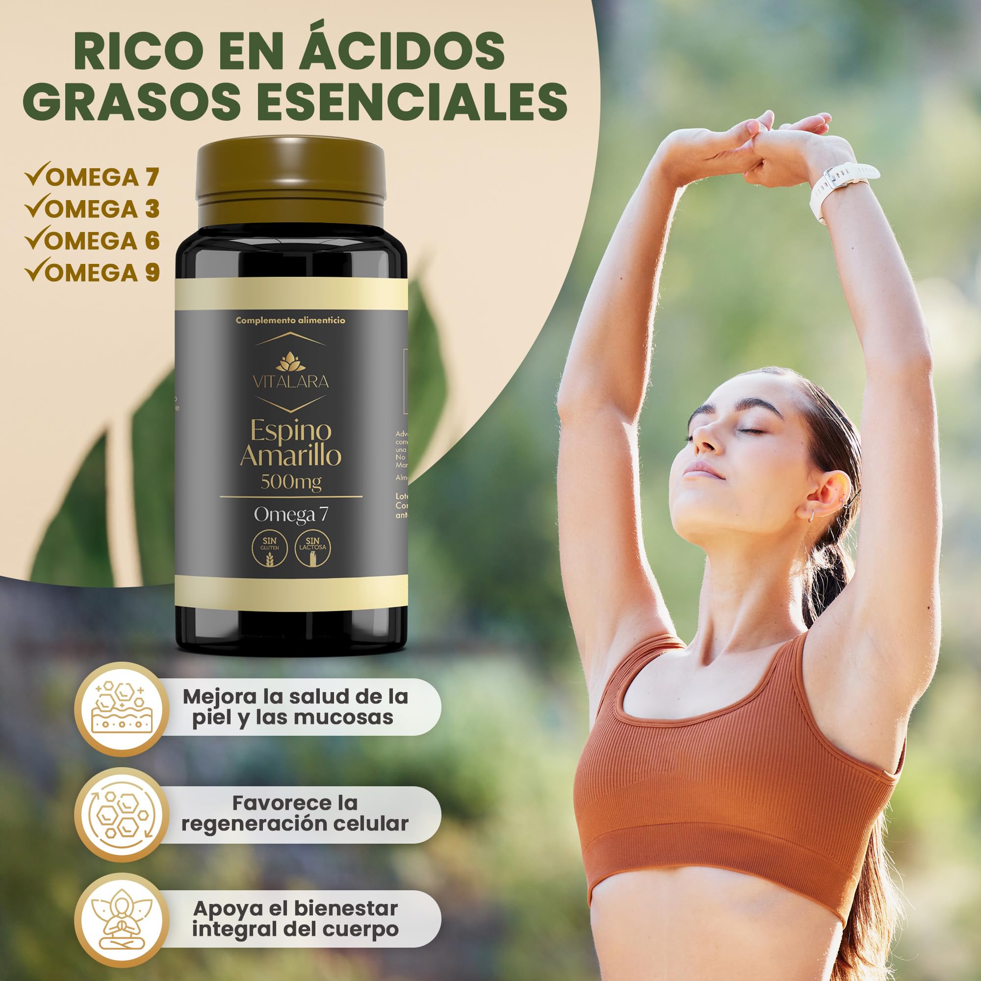 Omega 7 Espino Amarillo para Piel, Mucosas y Sistema Inmune | Aceite Espino Amarillo 500mg | 110 Antioxidantes Capsulas – Sin Gluten y Sin Lactosa | Fabricado en España