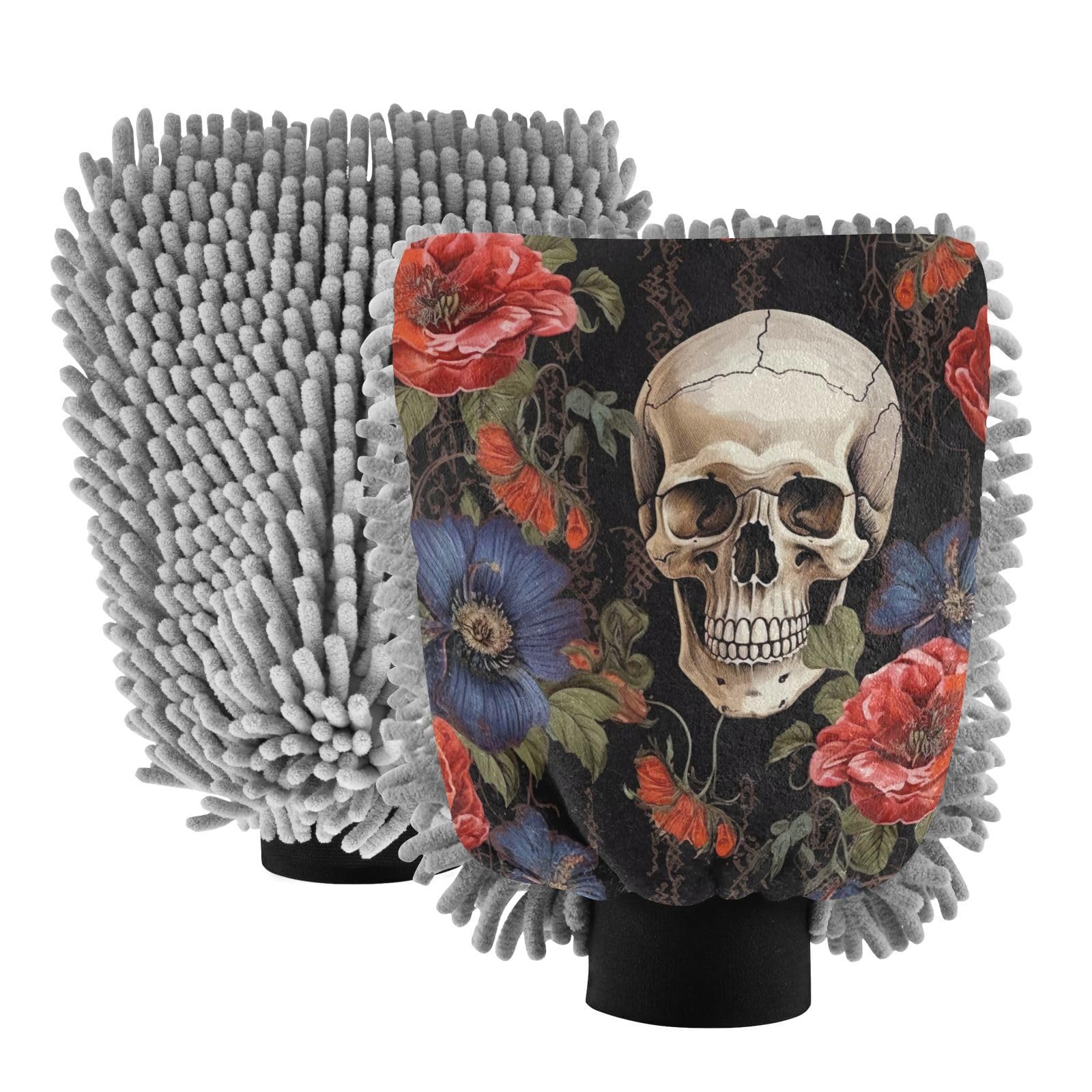 Flradish 2 Pack Skull Car Wash Mitt Chenille Microfiber Lint-Free Scratch Free Ultra-Soft Absorbent Car Wash Mitt 11.8x8.07 Inch