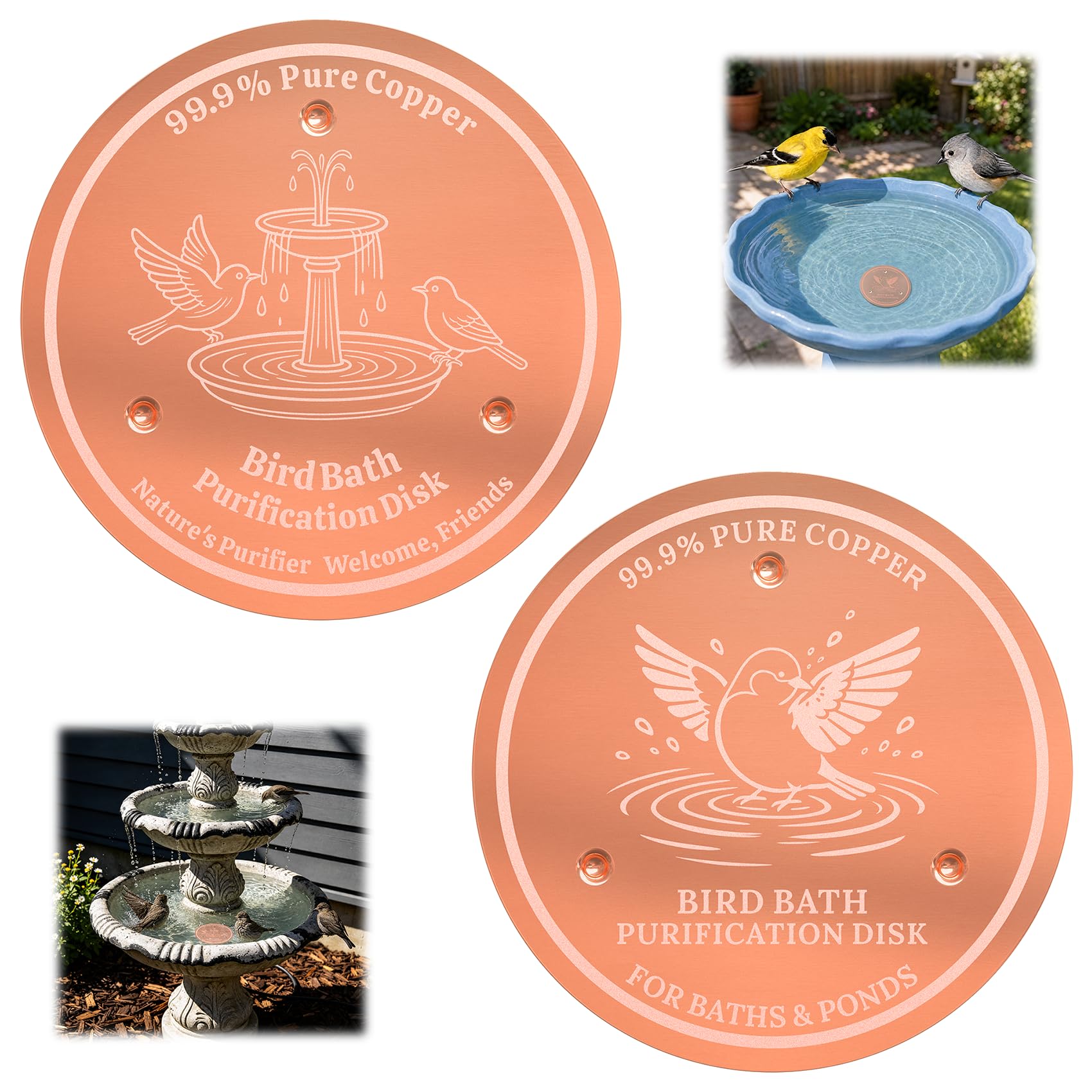 2 Pcs Bird Bath Copper Disk 99.9% Pure Copper Birdbath Purification Disk