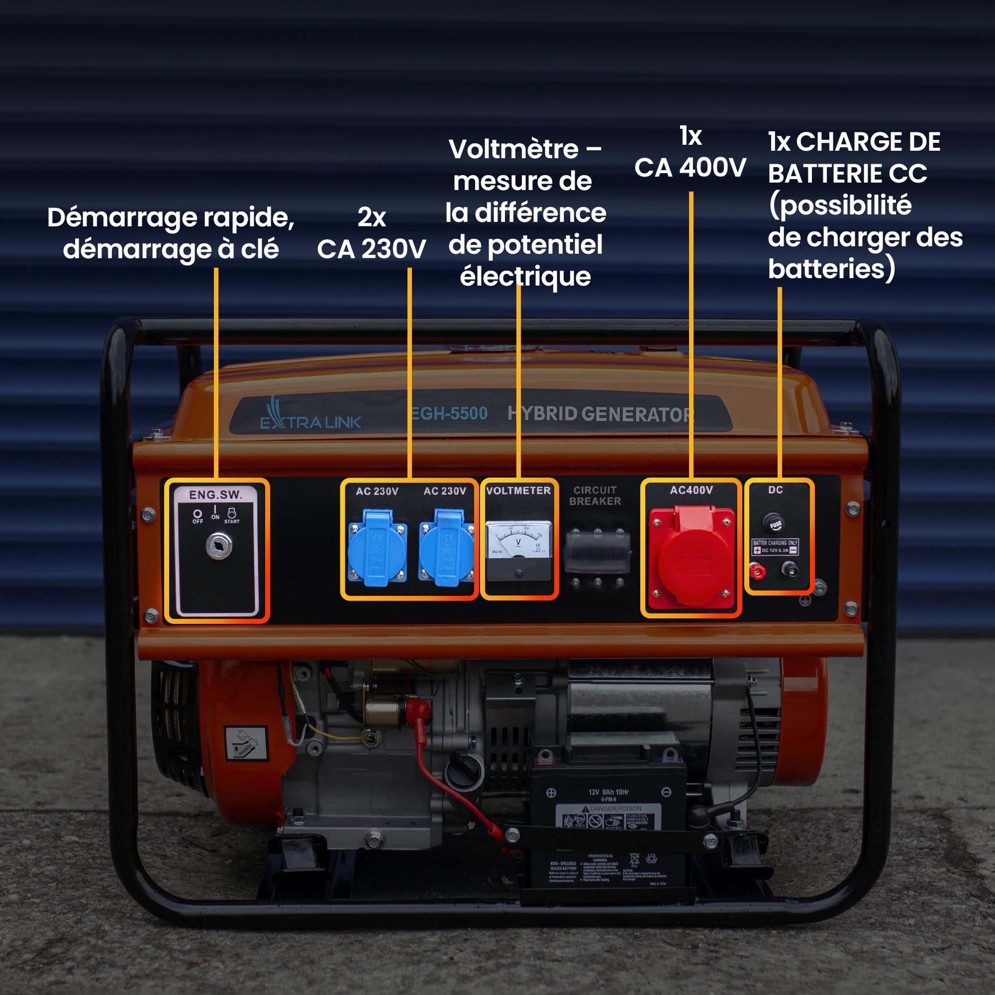 Extralink Groupe électrogène 5500W Essence/GPL | Moteur 188F-M, onde sinusoïdale pure, 2×230V & 1×400V, démarrage électrique | mobile et silencieux pour maison et chantier