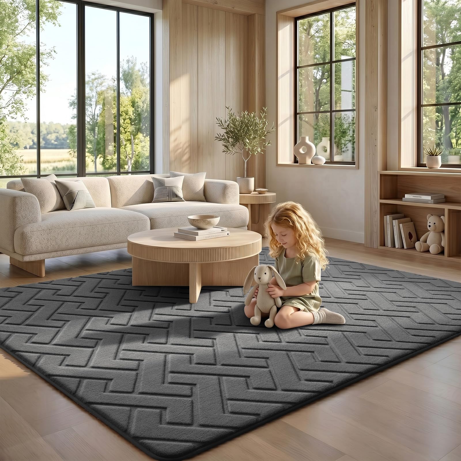 Treeboy Teppich Wohnzimmer 200x300 Waschbarer Teppiche Kinderzimmer Grau | 3D Z-förmiges Hoch-Tief teppiche Gegend, Weich Flauschige Carpet Kurzflor Rutschfester für Schlafzimmer,Kinderzimmer mädchen