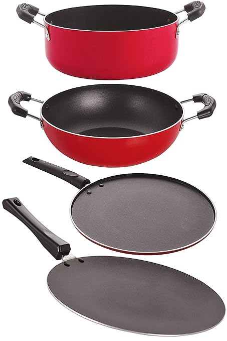 Nirlon Nonstick Kitchen Cooking Gift Item, (1 Concave Tawa 27.5cm /1 Kadhai 2.5 LTR/1 Smart Tawa 26.5cm/1 Casserole 3.1 LTR) (CT11_KD14_ST11_CS24)