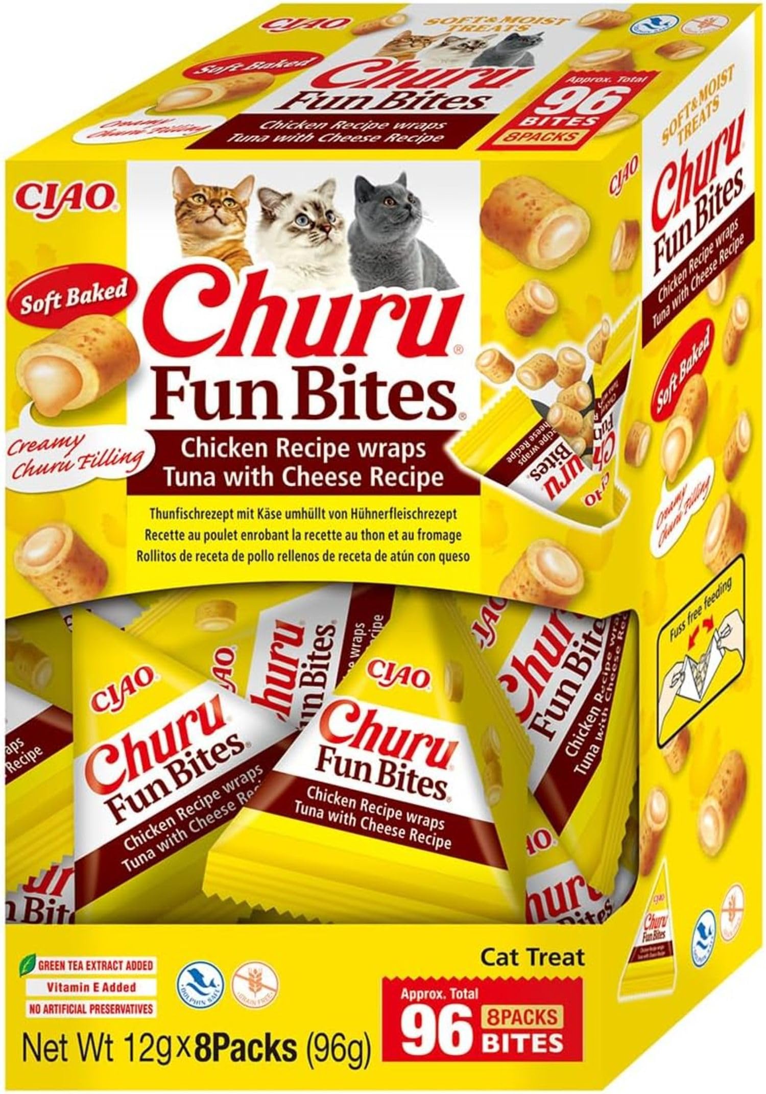 INABA Churu Fun Bites Snack per Gatti, Bocconcini di Pollo con Tonno e Formaggio - 8 Pack x 12gr - Morbido e Cremoso - Cibo per Gatti Senza Conservanti o Coloranti Artificiali, Grain-Free