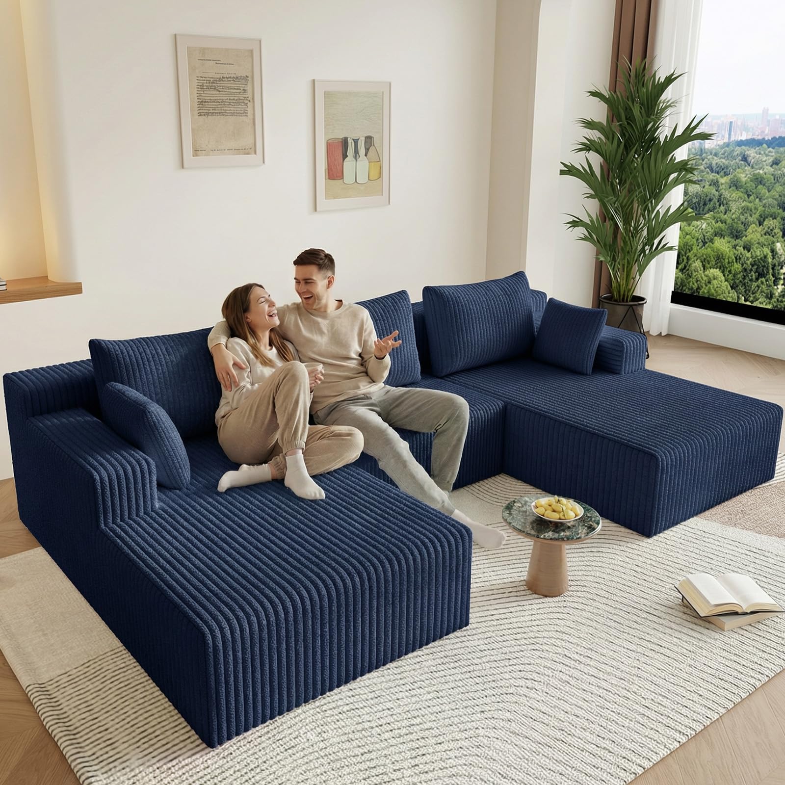 107" U-Shape Cloud Couch, Modern Modular Sectional U-Shape Sofa, Corduroy Boneless Couch Upholstered Couches Deep Seat Sleeper Chaise Longue for Living Room, No Assembly Required,Blue